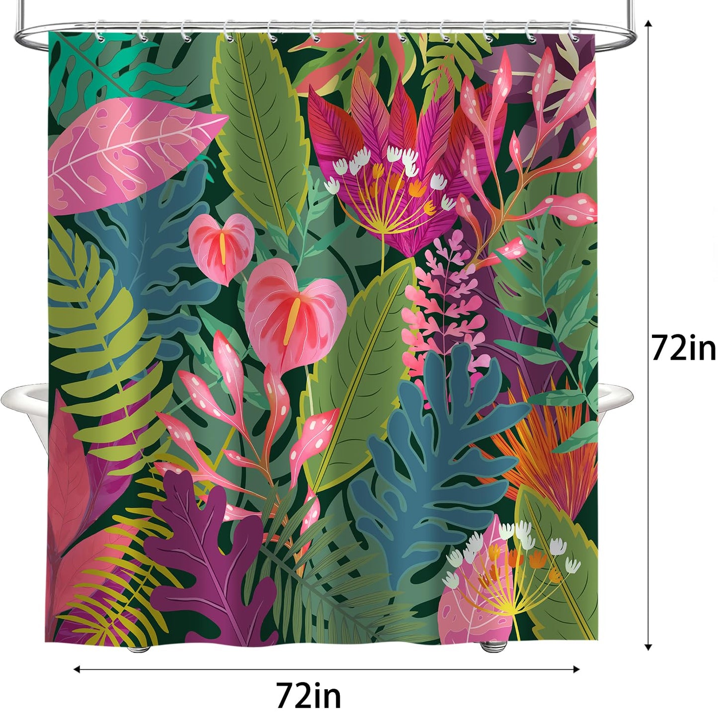 Boho Tropical Floral Shower Curtain, Green and Pink Colorful Botanical Leaf Nature Asthetic Shower Curtains Set, Modern Art Dark Polyester Fabric Shower Curtains for Bathroom with Hooks 72X72IN