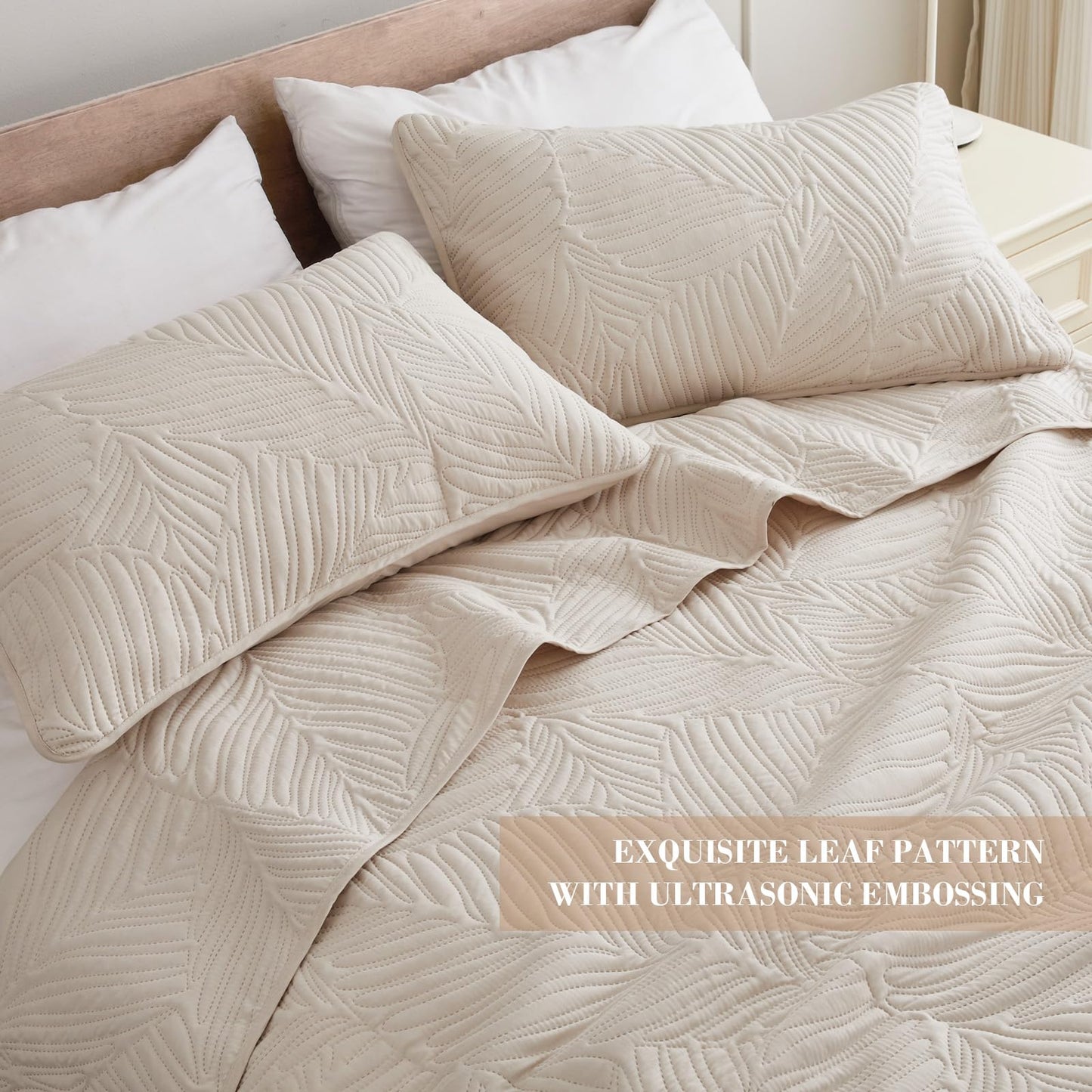 Exclusivo Mezcla Queen Quilt Bedding Set, Lightweight Brich Beige Quilts Queen Full Size for All Seasons, Soft Microfiber Bedspreads Coverlets Bed Cover with Leaf Pattern, 3 Piece