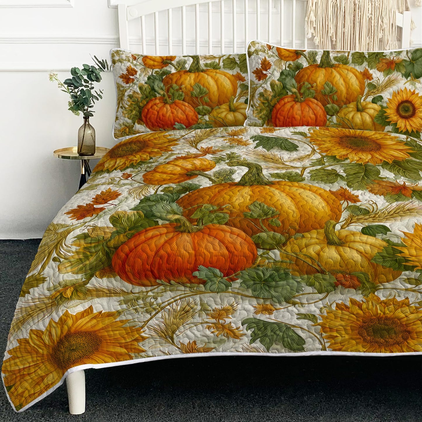 BlessLiving 3-Piece Fall Quilt Set King Size, Soft Microfiber Lightweight Pumpkin Mushroom Pattern Bedspreads Coverlets Bedding Set with 2 Pillow Shams for All Seasons, Autumn Bed Cover for Adults
