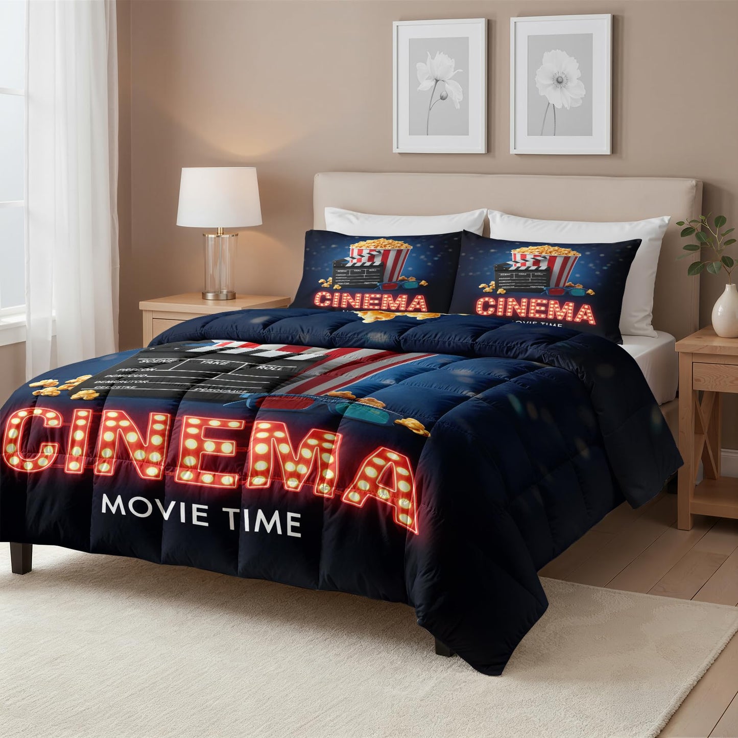 Movie Theater Comforter Set Twin Size 2 Pcs - All Season Comforter & Pillowcase, Popcorn Cinema Bedding Set, Soft Lightweight Down Alternative Duvet Insert, Clapperboard Bedroom Decor