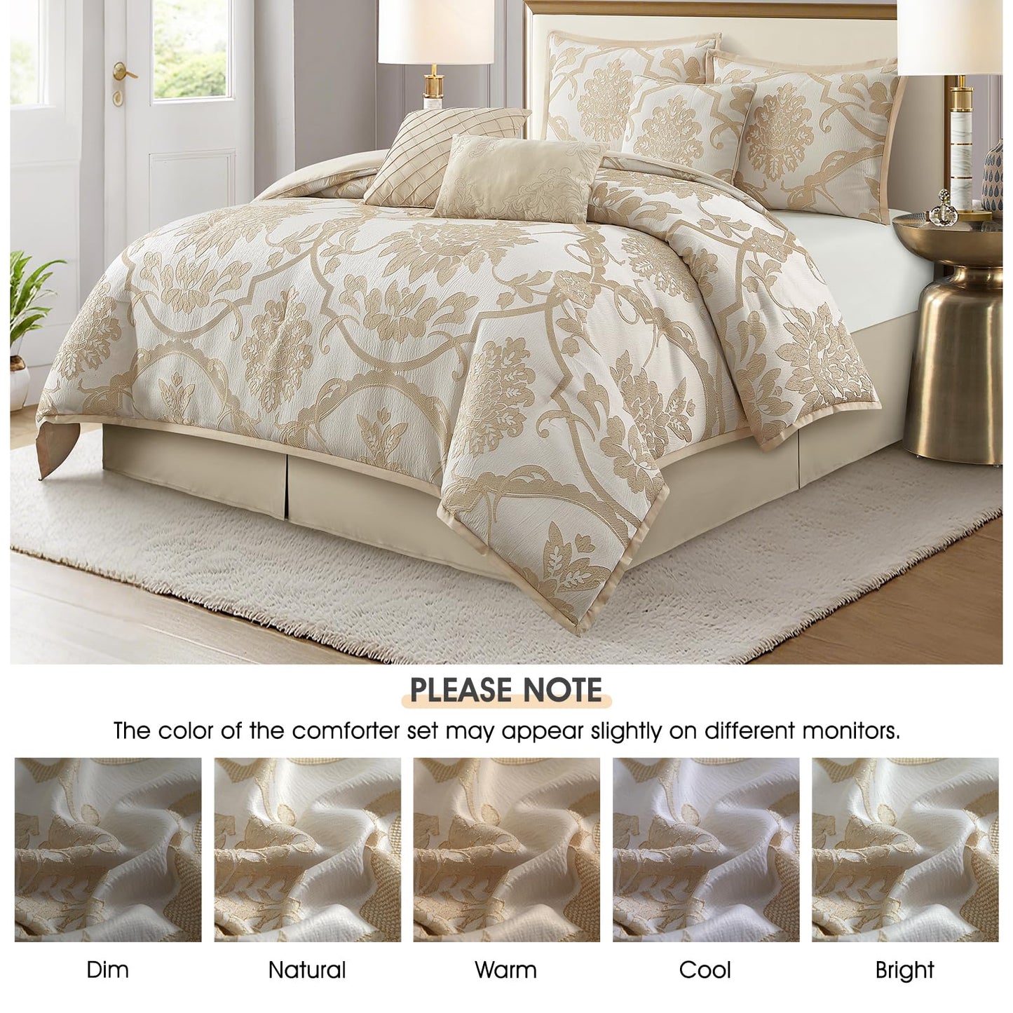 LANCO MODERN LIFESTYLE 7 Piece Gold Comforter Set, Queen, Elegant Jacquard Floral Bed in a Bag, Microfiber Bedding All Seasons with Pillow Shams, Decorative Pillows and Bed Skirt