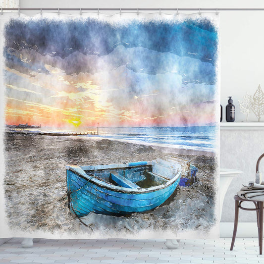 Ambesonne Sunrise Shower Curtain, Fishing Boat on Beach with Horizon on Backdrop Seashore Grunge Watercolor Print, Cloth Fabric Bathroom Decor Set with Hooks, 69" W x 70" L, Orange Blue