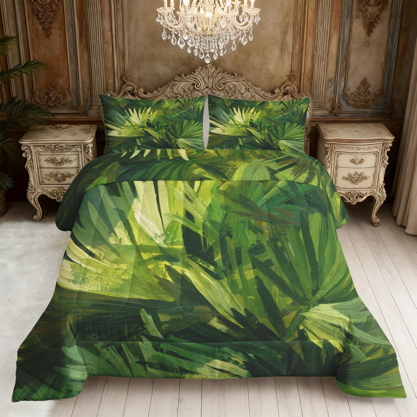 Palm Leaf Comforter Set King Size 3Pc, Tropical Plant Pattern Down Alternative Bed Comforter, 2 Pillow Shams, Soft All Season Bedding, Palm Leaf Bedroom Decor