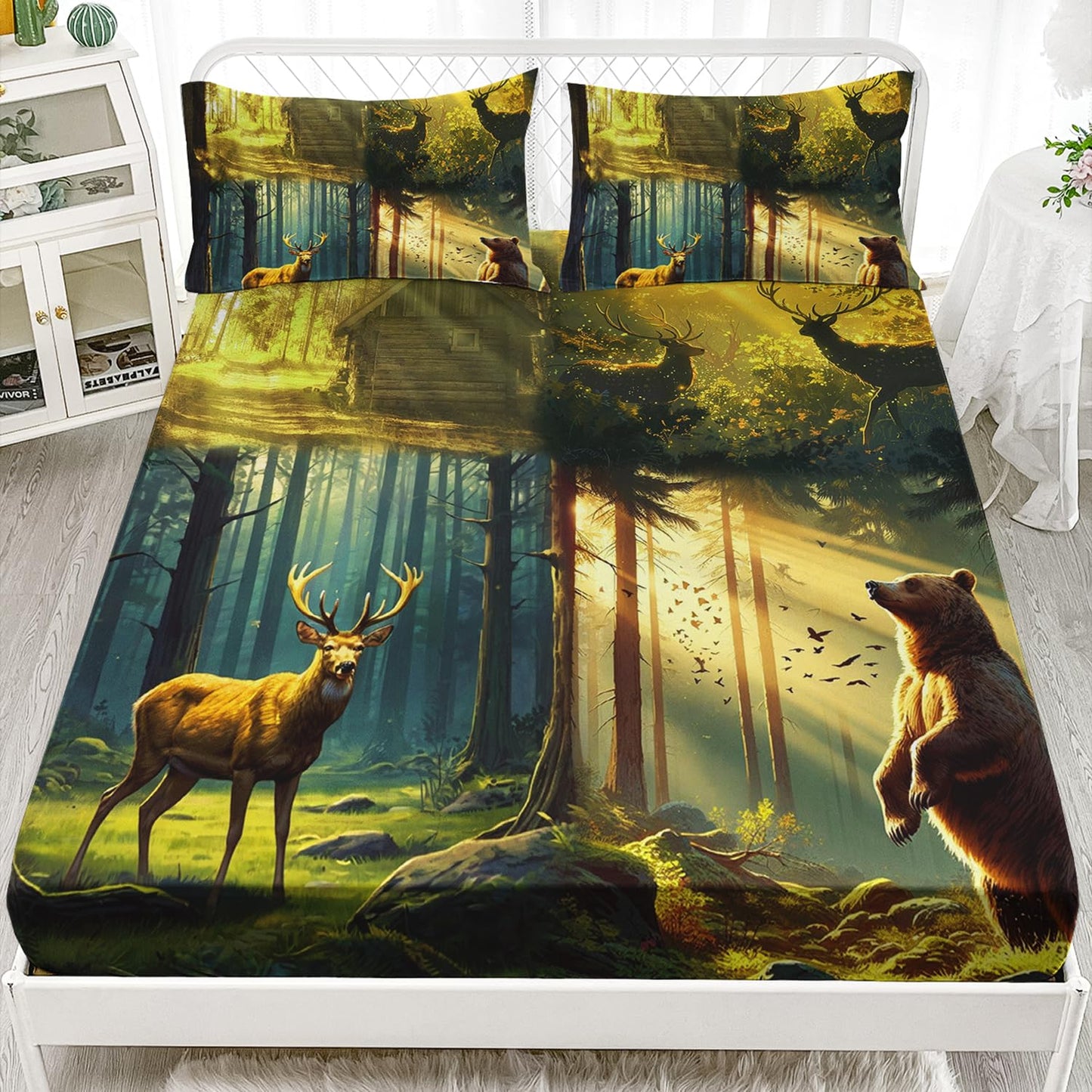 AILONEN Deer Hunting Bedding Set Twin XL Size,Green Fairy Forest Sunshine Deer Bear Fitted Sheet with 2 Pillowcases,Kids Boys Girls Soft Bed Sheet Set 3 Piece
