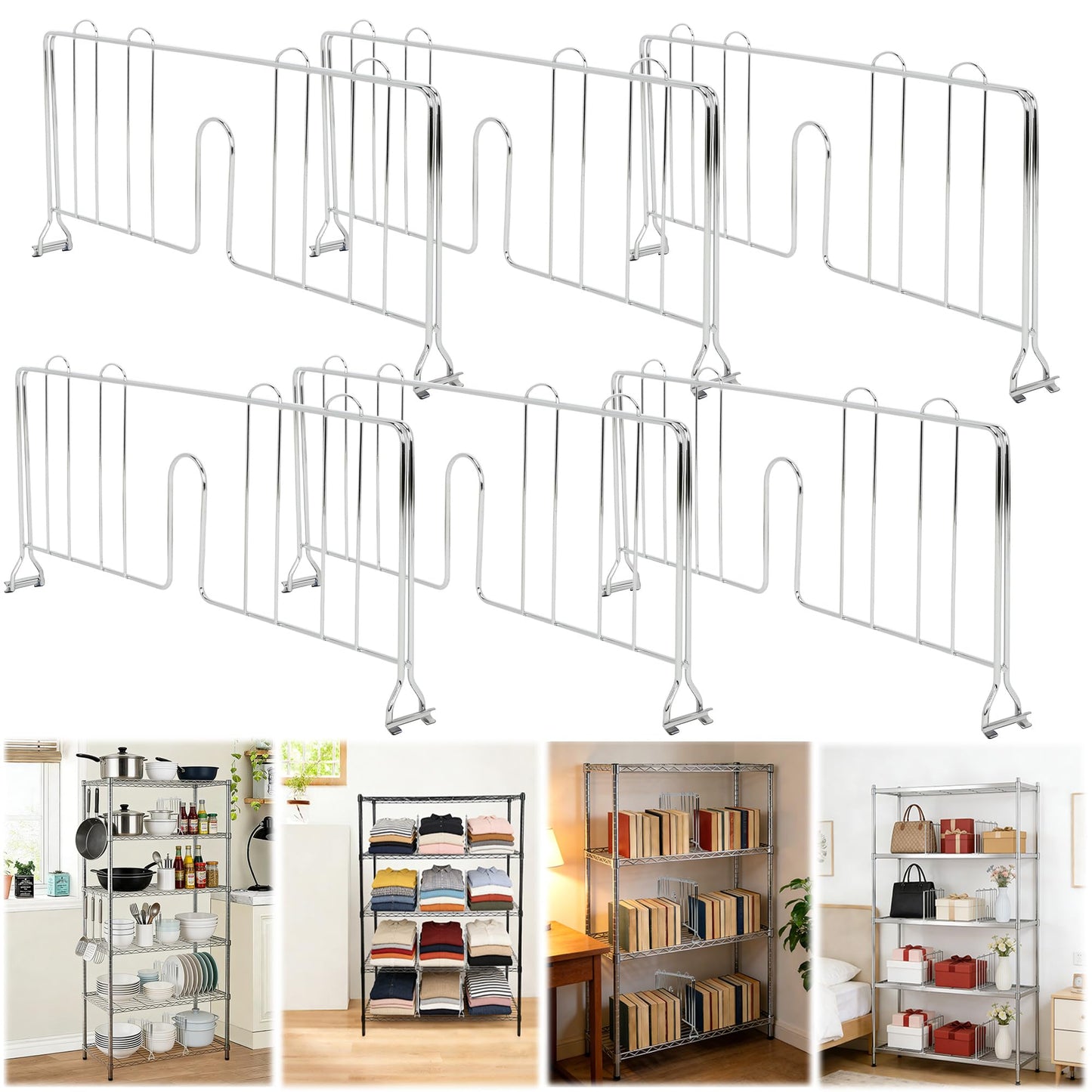 awagas 6 Pack 18" W Wire Shelf Dividers, No Tool Chrome Plated Steel Shelf Separators for Wire Shelving, Organizers for Garage, Kitchen, Pantry, Office, Warehouse Storage