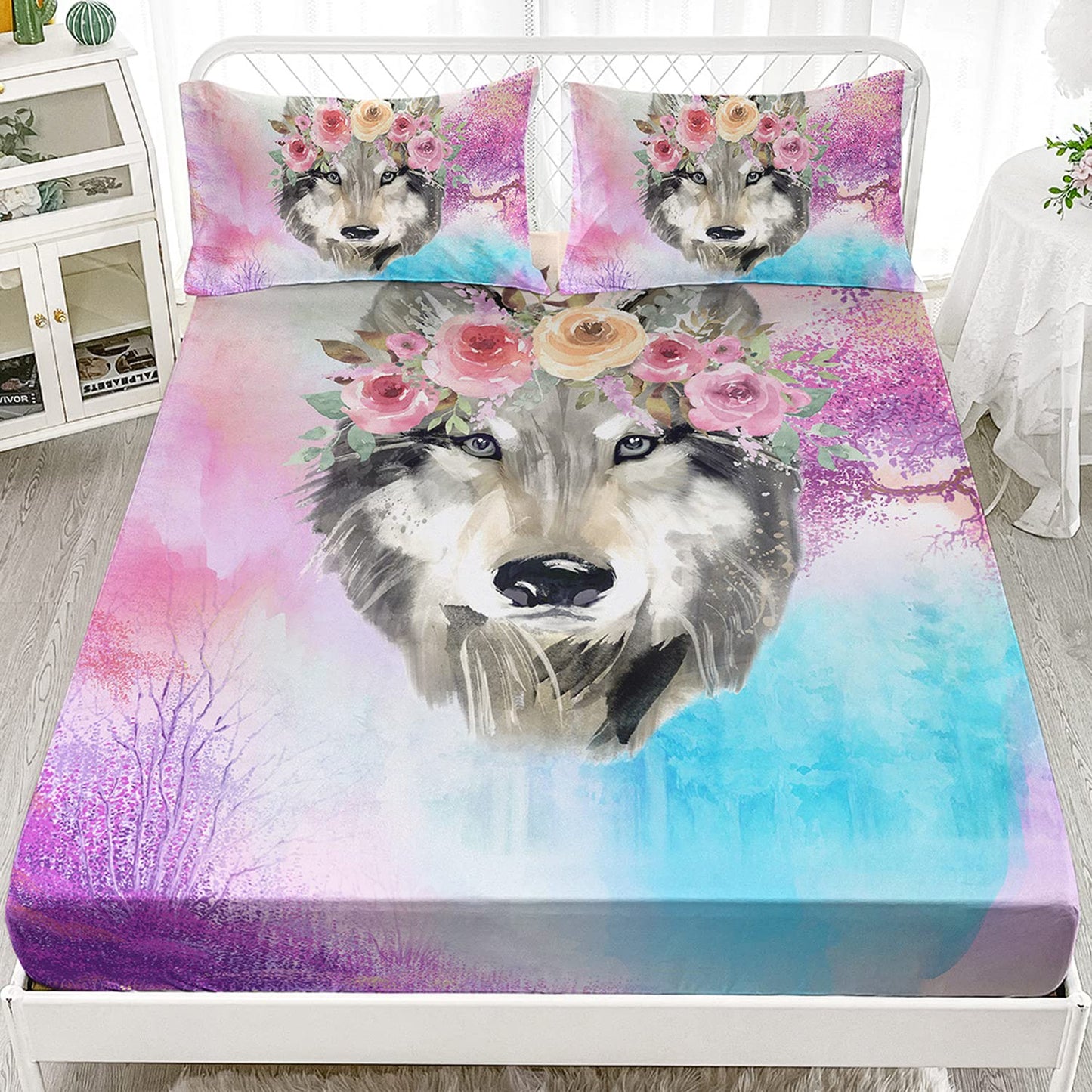 XYNHML Wolf Bedding Set Tie Dye Rose Fitted Sheet for Kids Teens Room Decor Wild Animals Bed Cover with 2 Pillowcases