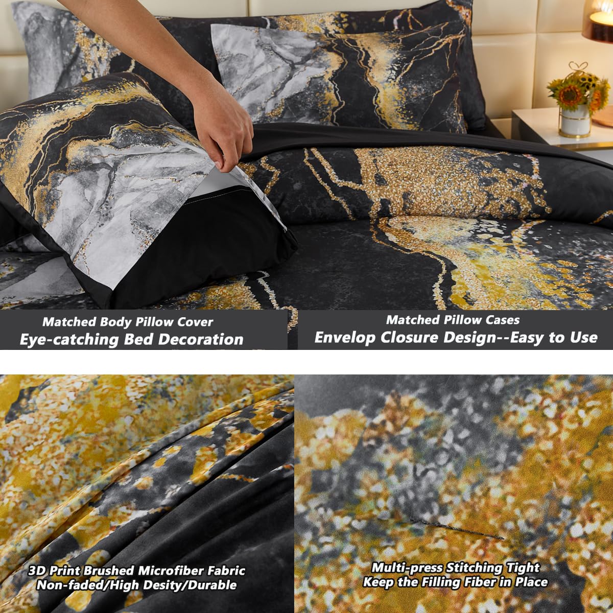 PERFEMET 6 PCS Bed in a Bag Black Watercolor Marble Printed Comforter Set for Queen Bed Burning Mountain Pattern Bedding Set with Sheets Retro Artwork Design Quilt Sets(Black, Queen)