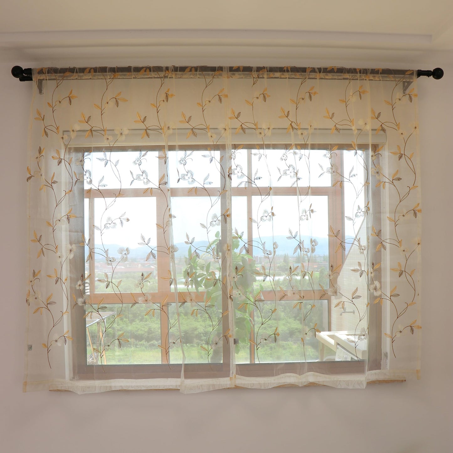 SLOW SOUL Set of 2 Panels Coffee Iris Flowers Sheer Curtains Floral Semi Sheer Embroidered Curtains & Drapes for Bedroom Living Room Rod Pocket 52W X 69L inch