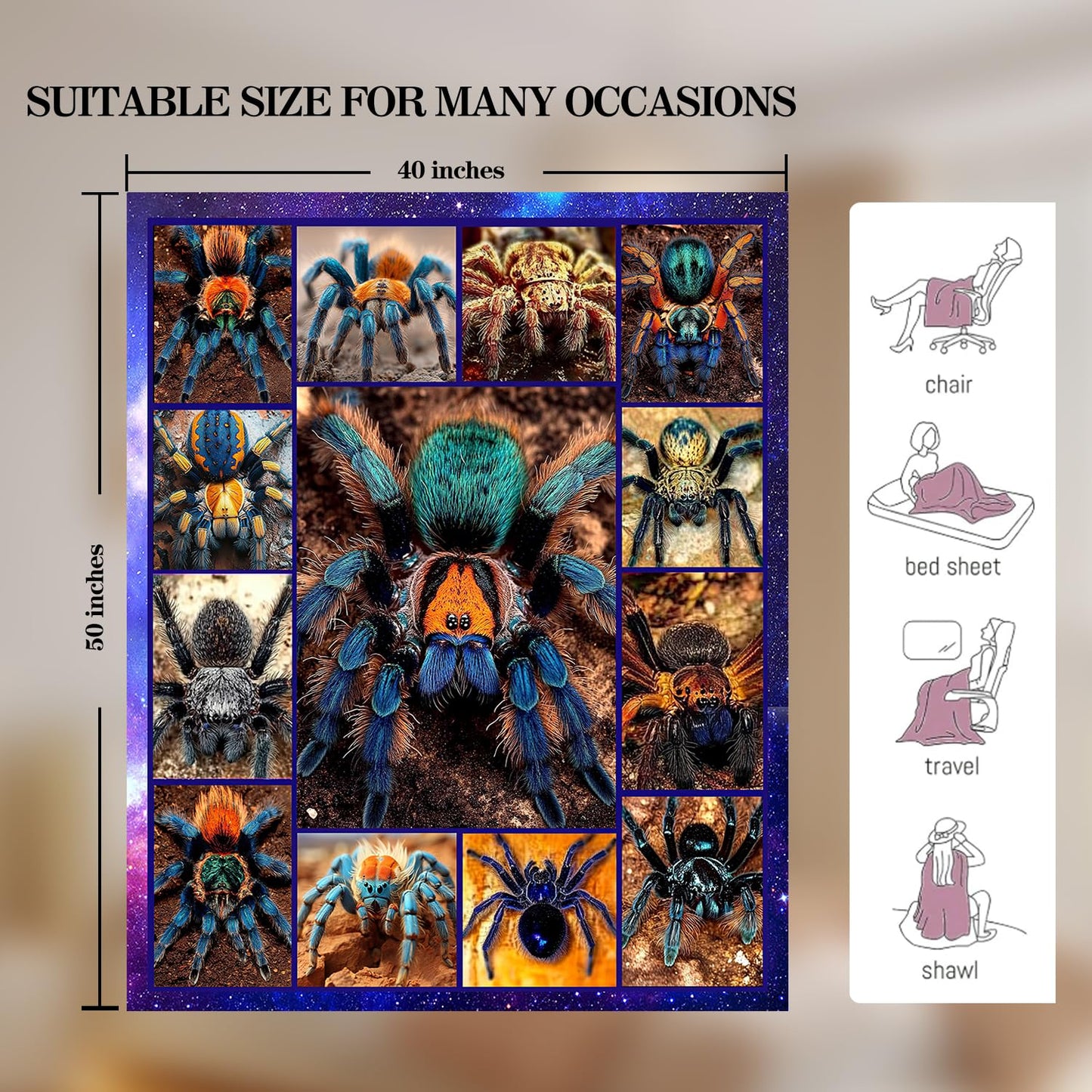 Spider Blanket Spider Decor Cozy Animal Throw Super Soft Plush Flannel Fleece Blanket Gift for Kids Adults Men Women Ultra Warm & Lightweight Flannel, 50"X40"