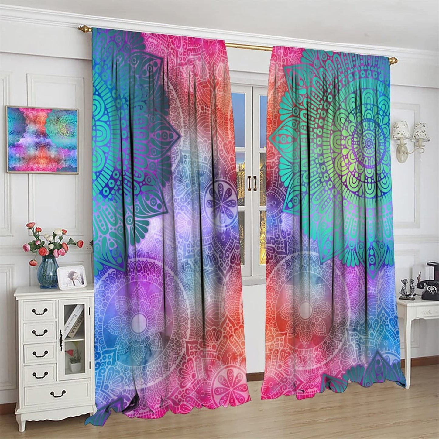 Mandala Indian Bohemian Curtain,Abstract Boho Floral Window Treatments Curtains for Living Room Bedroom Kitchen Bathroom Decor W42xL45in