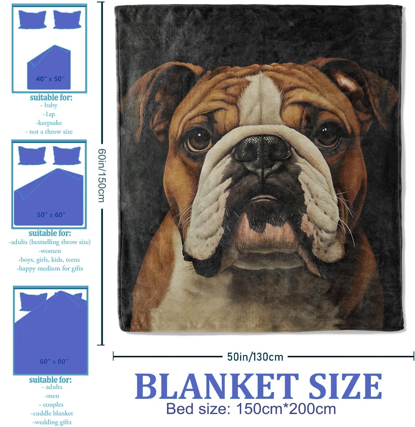 Plistiz English Bulldog Throw Blanket for Women Girls Boys, Soft Flannel Blankets Gifts for Living Room Couch, Home, Sofa Decor, 50"x60"