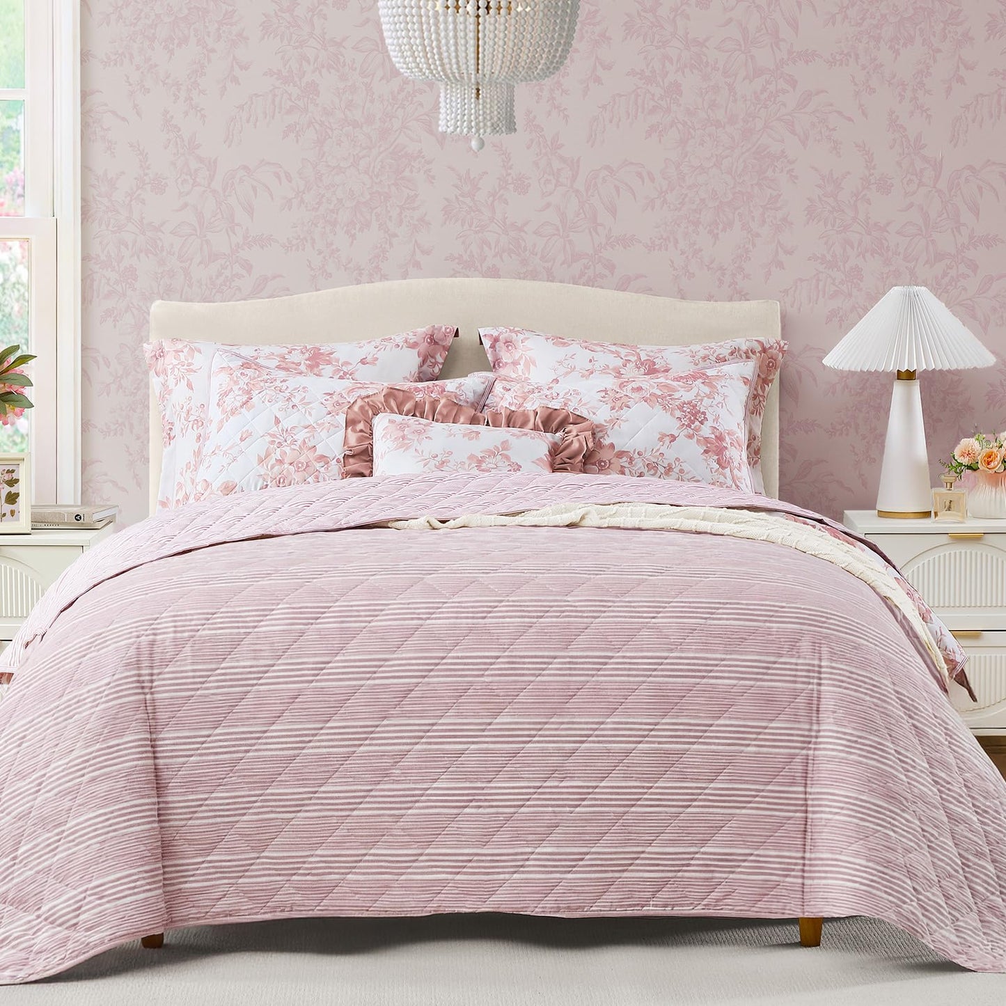 BLOOMHAVEN Quilt Set King Size, Dusty Rose Floral Quilt Sets, Reversible Bedspread Lightweight and Breathable for All Seasons, Soft Quilted Bedspread with 2 Pillow Shams