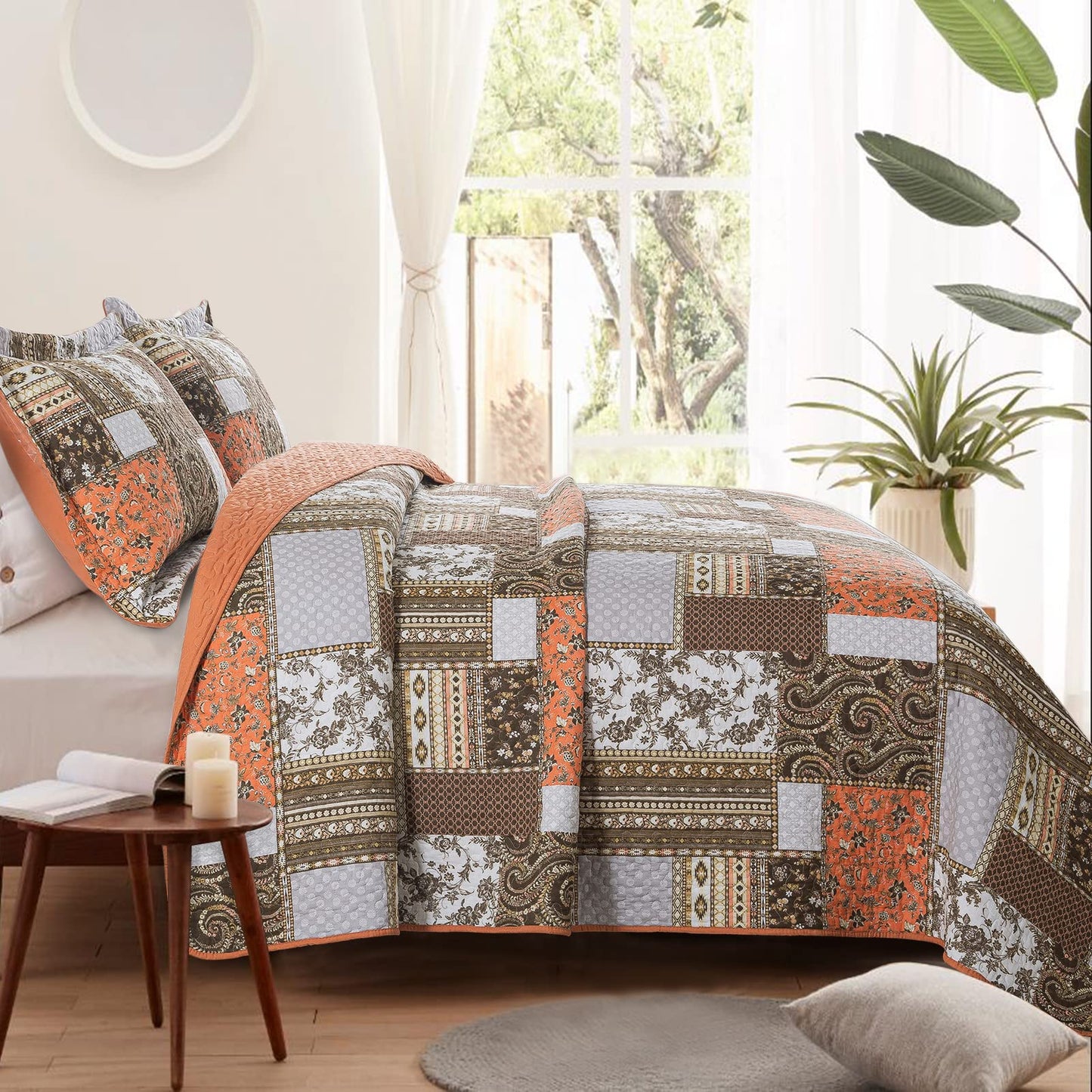 VAPUTAR Quilts Queen Size - Fall Cotton Quilt Set Quilted Bedspread Coverlet Lightweighet Bedding Set with Shams for All Season, 3 Piece Boho Patchwork Quitled Bedspread Queen Size (Dream Orange)