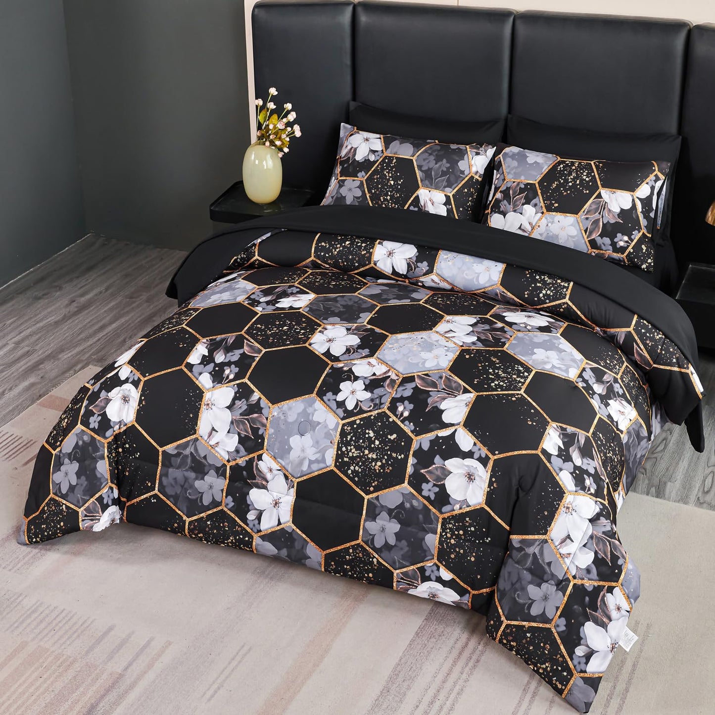 ANGIYUIN Black Gold Full Comforter Sets Floral Print Bedding Sets 7 Pieces Marble Bed in A Bag with Sheets White Flowers Bedding Comforter Sets for Women Men