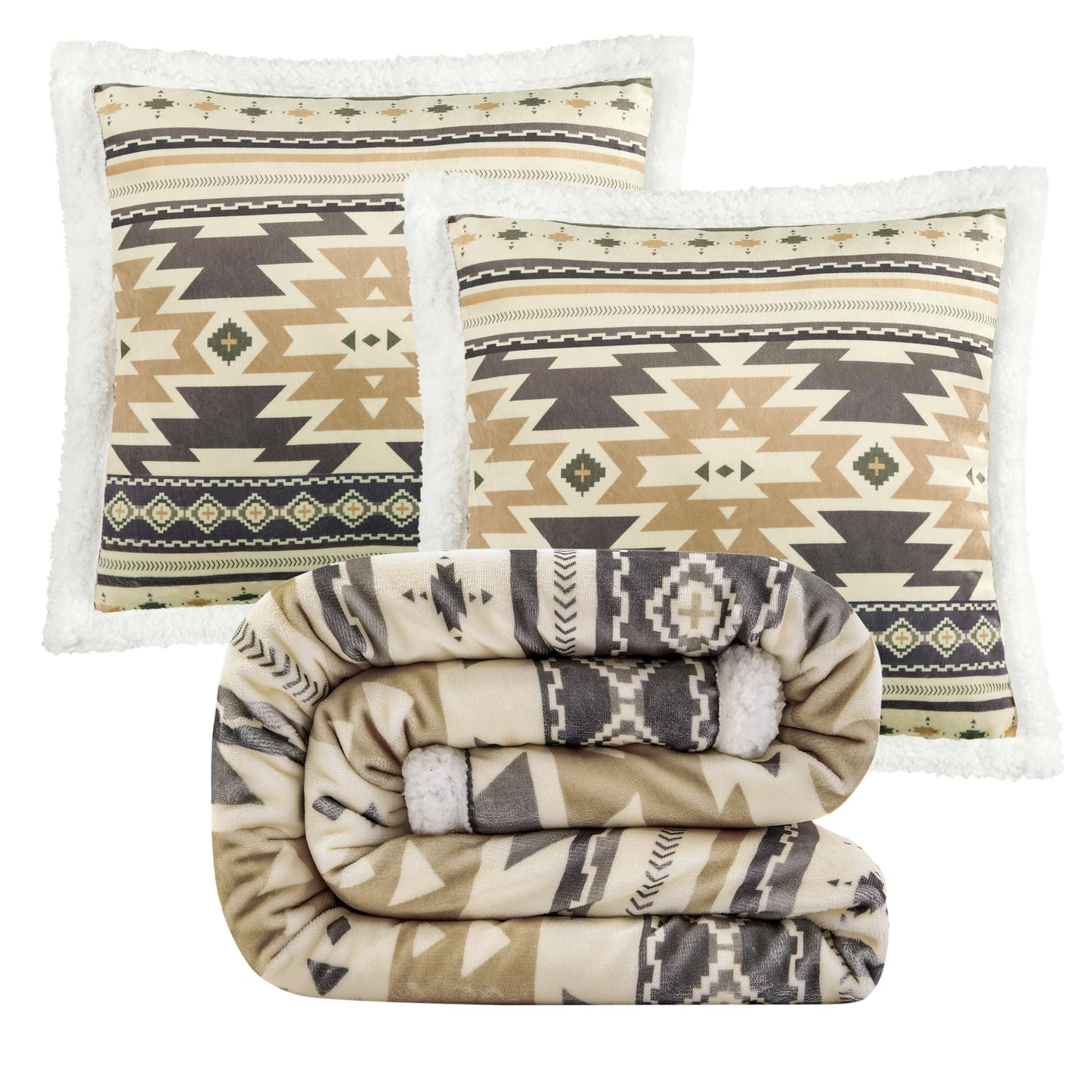 Paseo Road Indigo Hill by HiEnd Accents Desert Sage Aztec 3 Piece Sherpa Throw Blanket Set, Tribal Navajo Print Fleece Throw Set, Western Southwestern Style, 1 Throw and 2 Throw Pillows