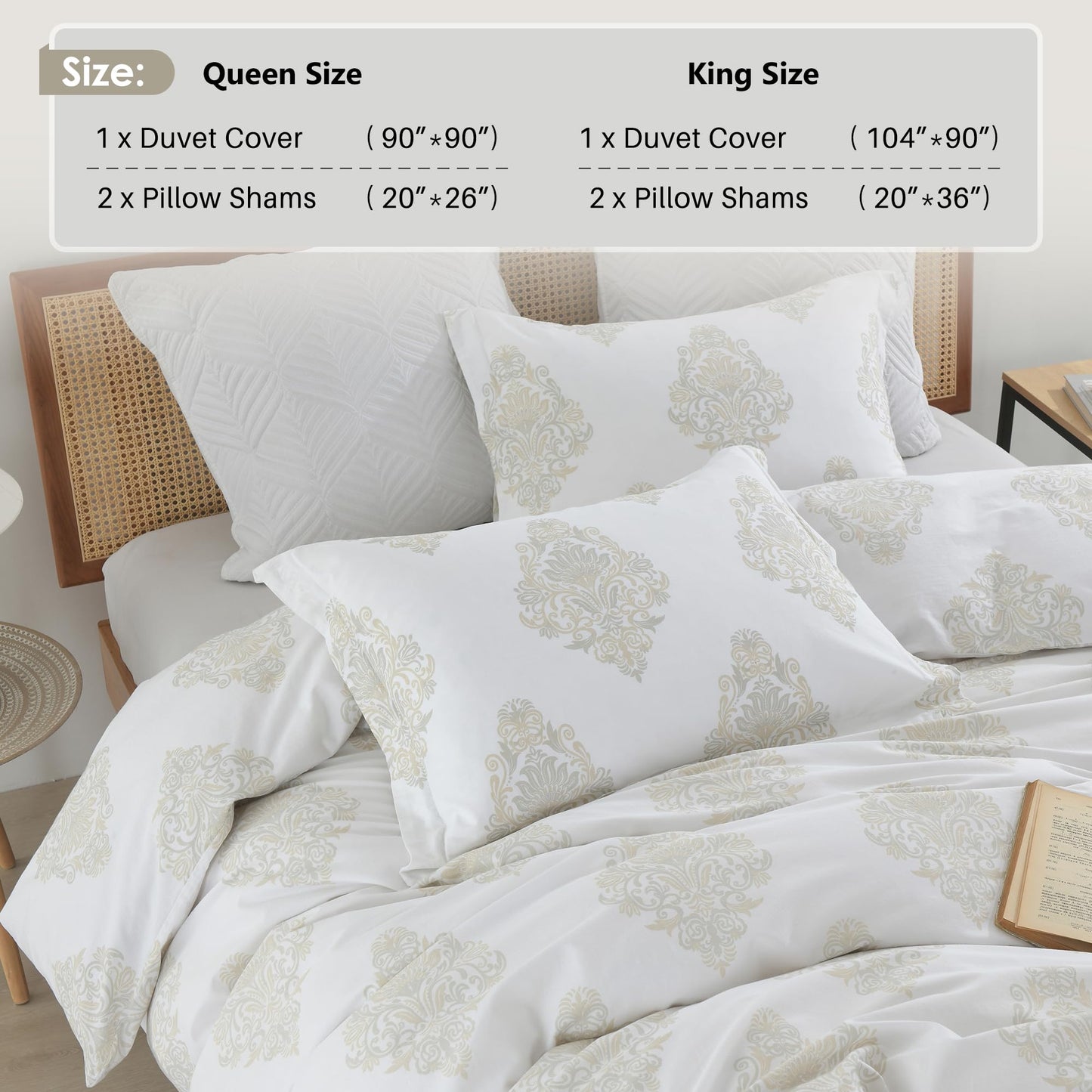 VOOVY Damask Duvet Cover King - 100% Cotton Duvet Cover Set, 3 Pieces Medallion Bedding Duvet Covers with Zipper Closure & 8 Corner Ties for All Season, 104"x90", No Comforter