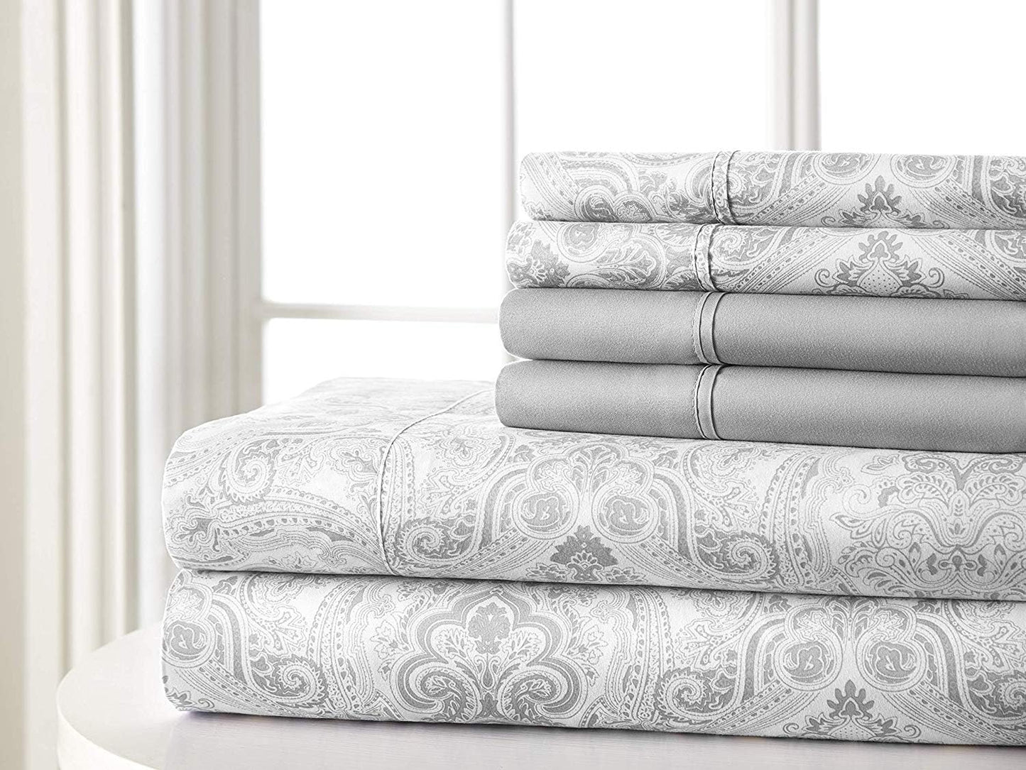 Spirit Linen home 6-Piece Queen Size Bed Sheet Set - Deep Pocket, Paisley Pattern, Soft and Breathable Bed Sheets, Microfiber Material, Includes 1 Fitted, 1 Flat, 4 Pillowcases - Light Grey Paisley