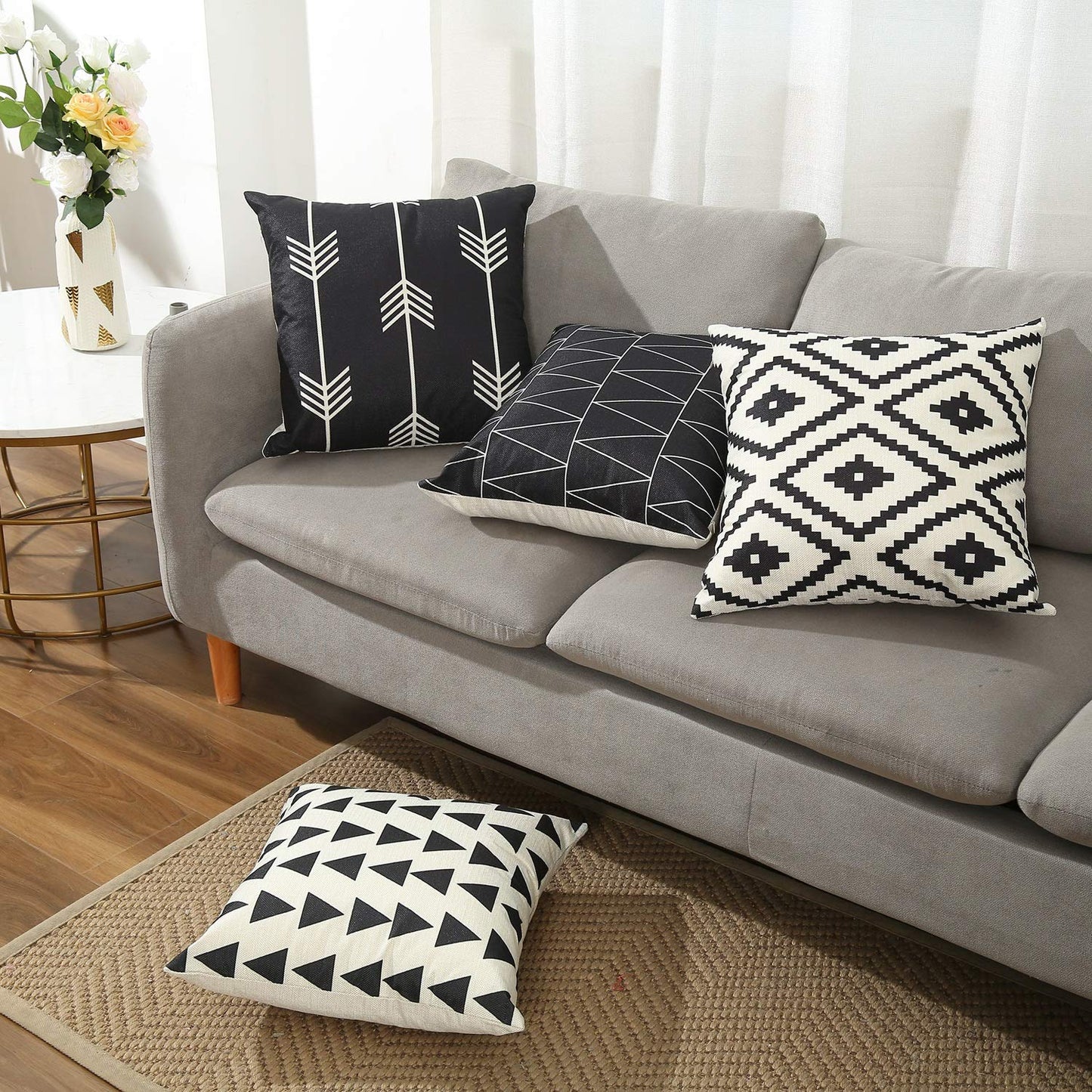 Tosewever Set of 4 Decorative Geometric 18 x 18 Inches Throw Pillow Covers - Modern Pattern Linen Square Pillow Cushion Case for Sofa Couch Bed Home Outdoor Car (18" x 18", Black)