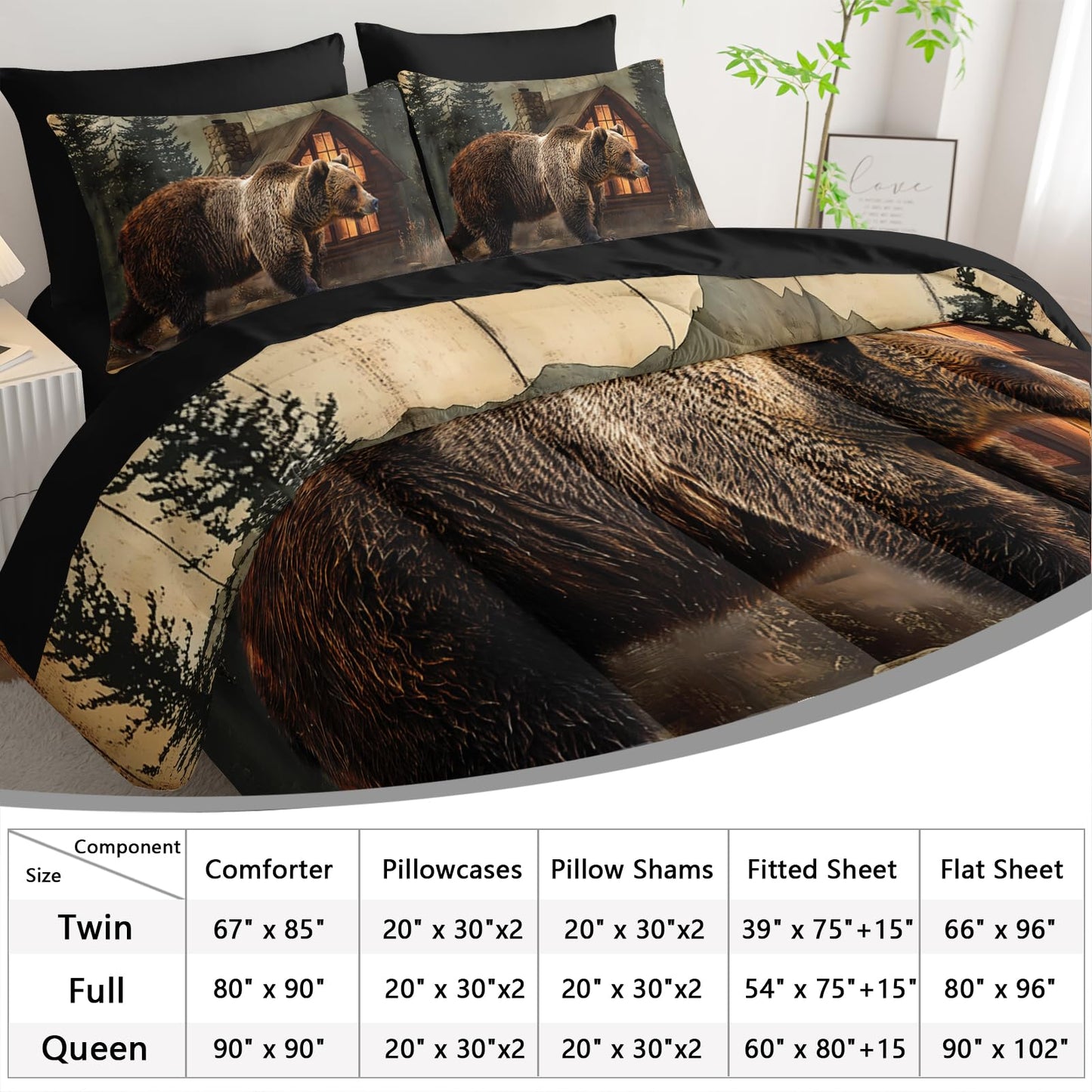 AILONEN Rustic Bear Comforter Set Queen Size - 7Pcs Bedding Soft Bed in a Bag - Hunting Comforter & Fitted Sheet & Flat Sheet & 2 Pillowcases & 2 Pillow Shams for Kids Boys Adults