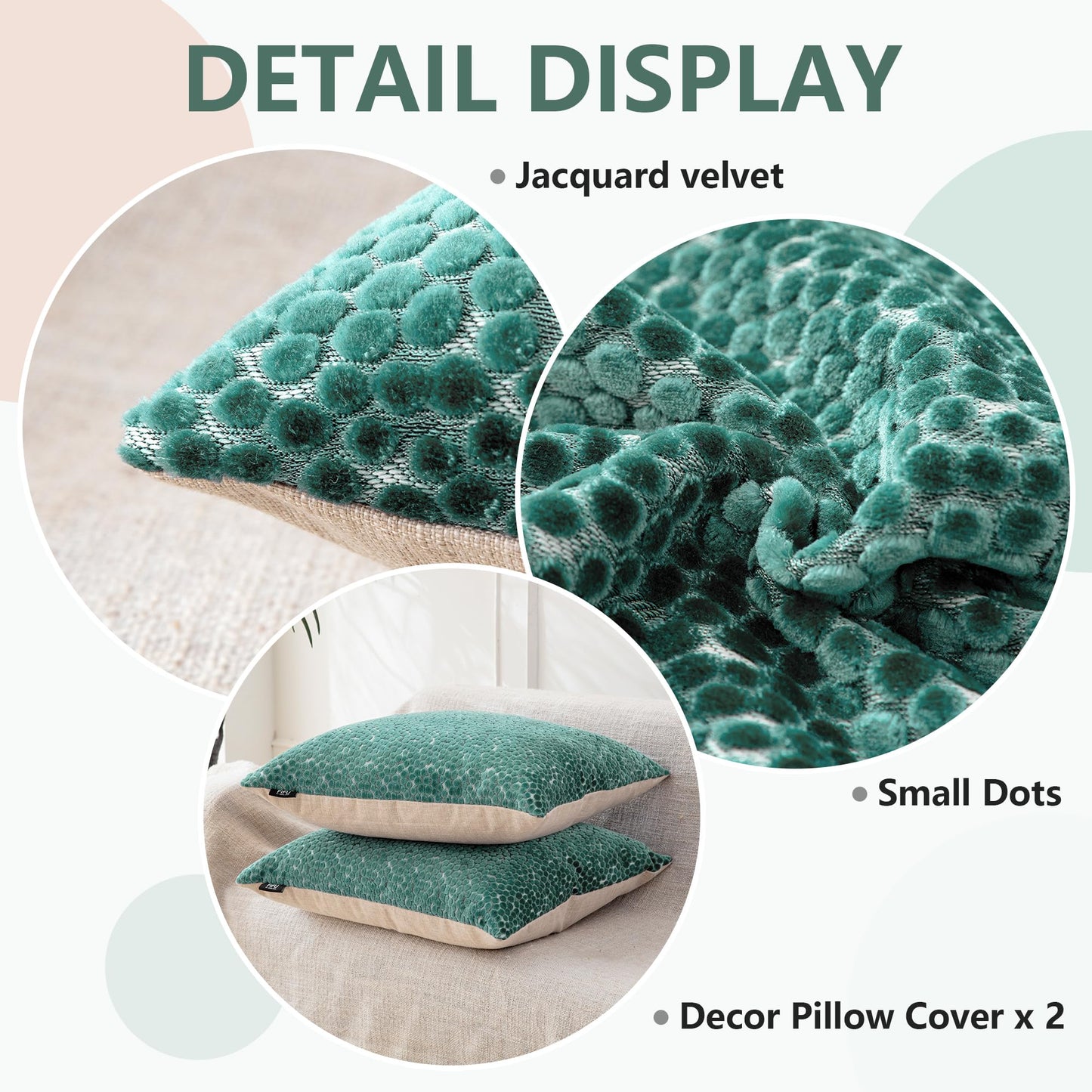 FIFU 18x18 Inch Throw Pillow Cover Set of 2 - Jacquard Velvet Cut-Pile with Linen-Look Back, Invisible Zipper, Soft Decorative Cushion Case for Couch Sofa Bedroom Living Room, Machine Washable, Teal