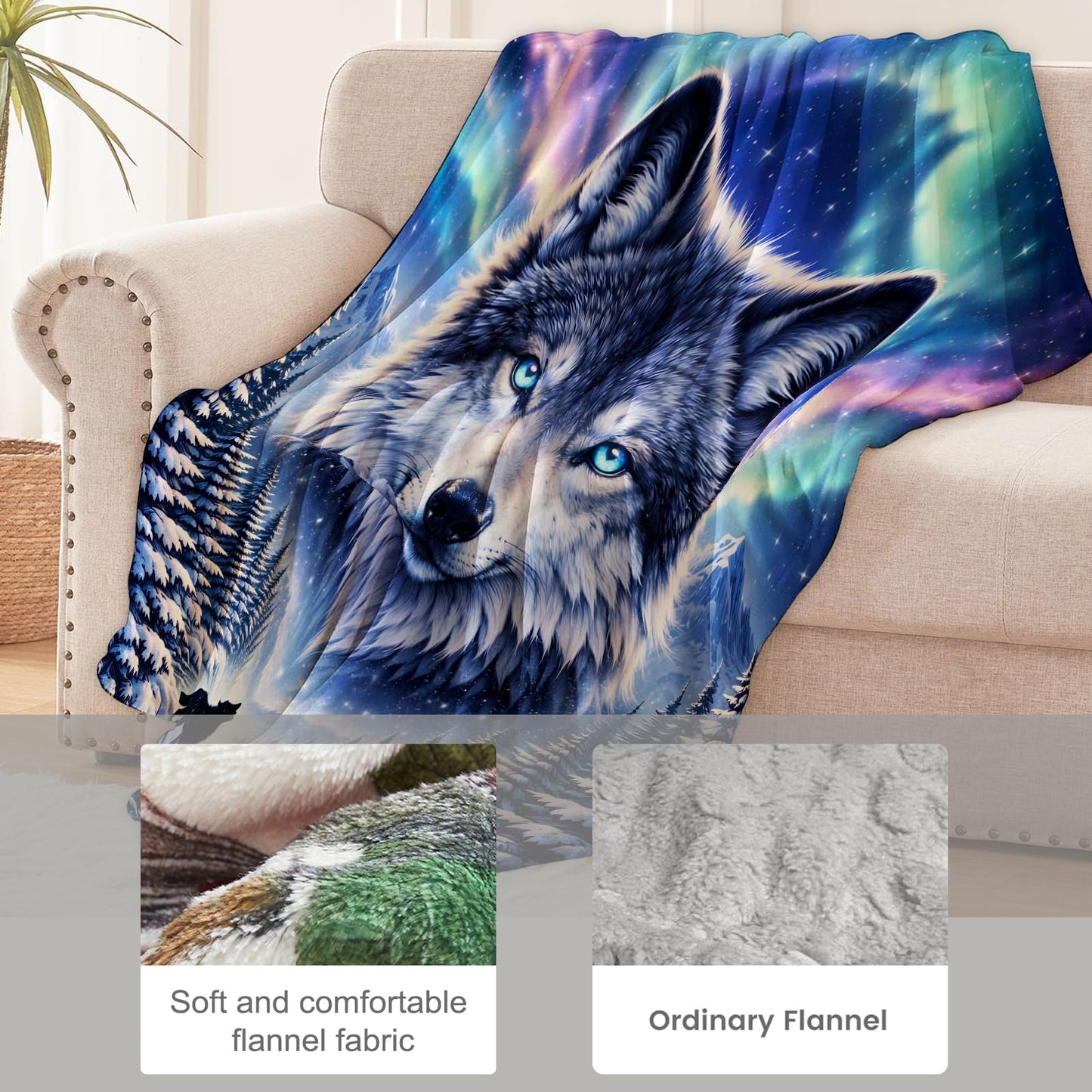 cromcu Wolf Blanket for Nature Lovers and Animal Fans, Northern Lights Wildlife Flannel Blankets, Wolf Art Gifts, Soft Warm Cozy Throws for Sofa Couch Bed Living Room Bedroom Home Decor 60" x 50"