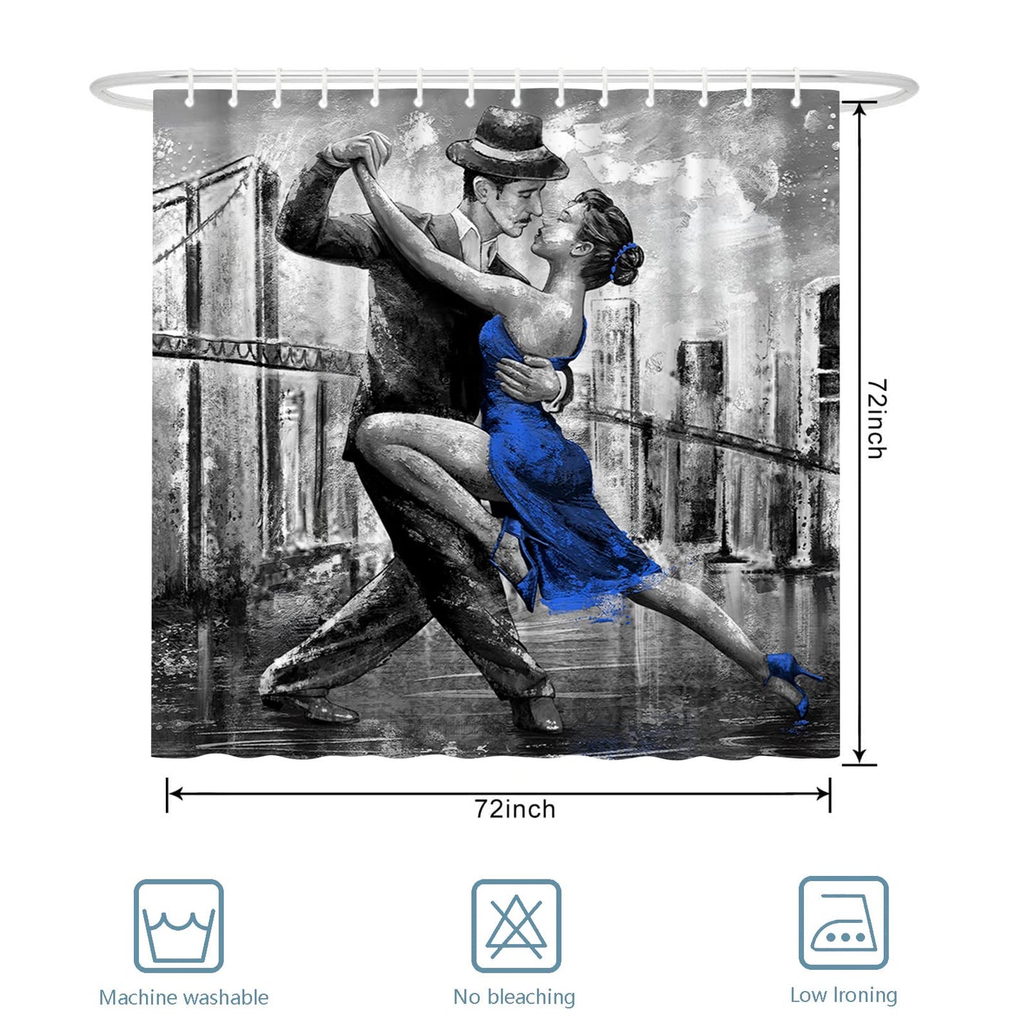Conipit Dancing Couple Shower Curtain Black White Blue Shower Curtains Romantic Bathroom Curtain Waterproof Polyester Fabric 72"X72" with Hooks