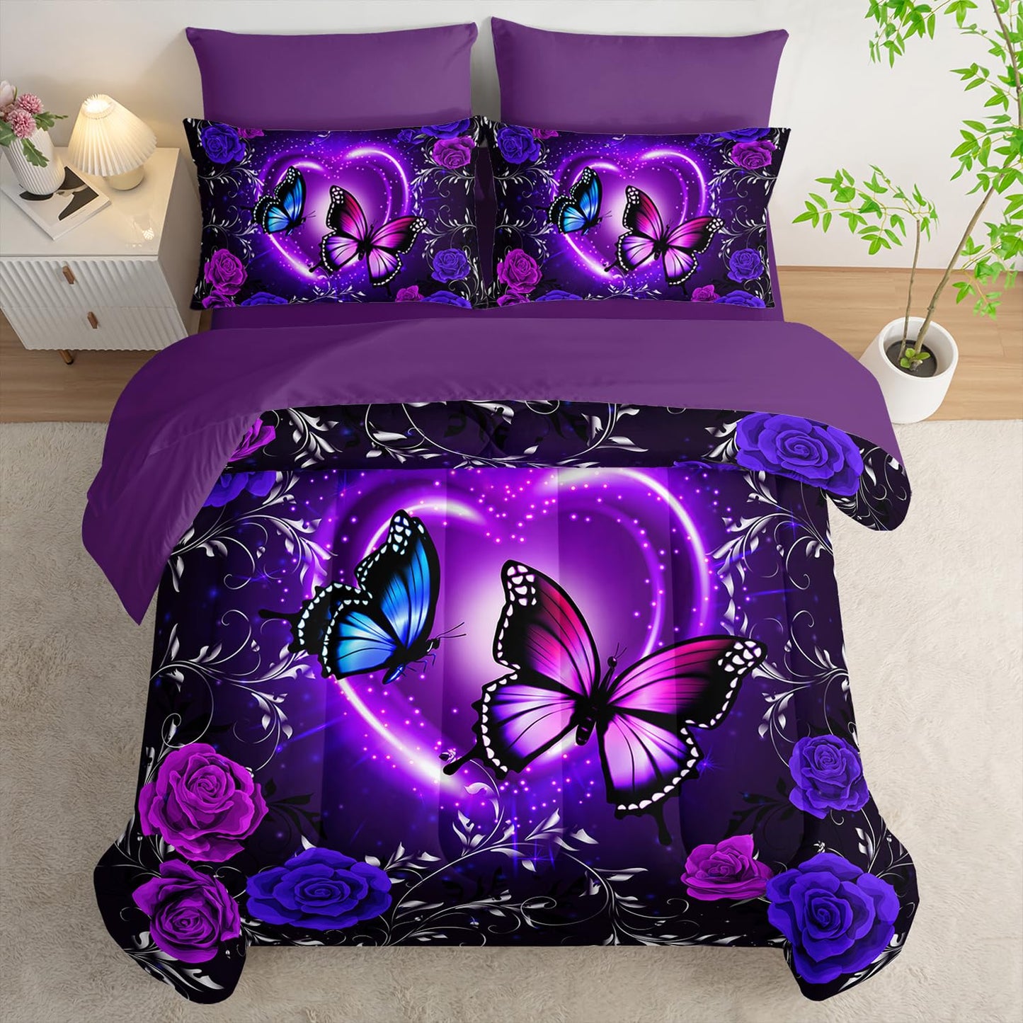 Tuzaovy Purple Butterfly Comforter Set 7 Piece Twin Size Bed in A Bag,Dreamy Butterfly Bedding for Girls Room Decor,Soft Microfiber Comforter with Fitted Sheet,Flat Sheet, Pillowcases & Shams