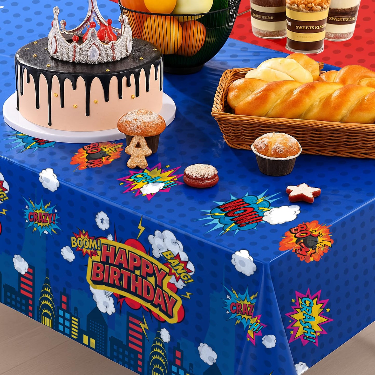 iCrius 3 Piece Party Tablecloth Rectangle Table Covers for Birthday Party Decorations, 108"x54" Plastic Table Cloth Disposable, Hero Themed Birthday Celebration Supplies Blue Skyscraper (3)