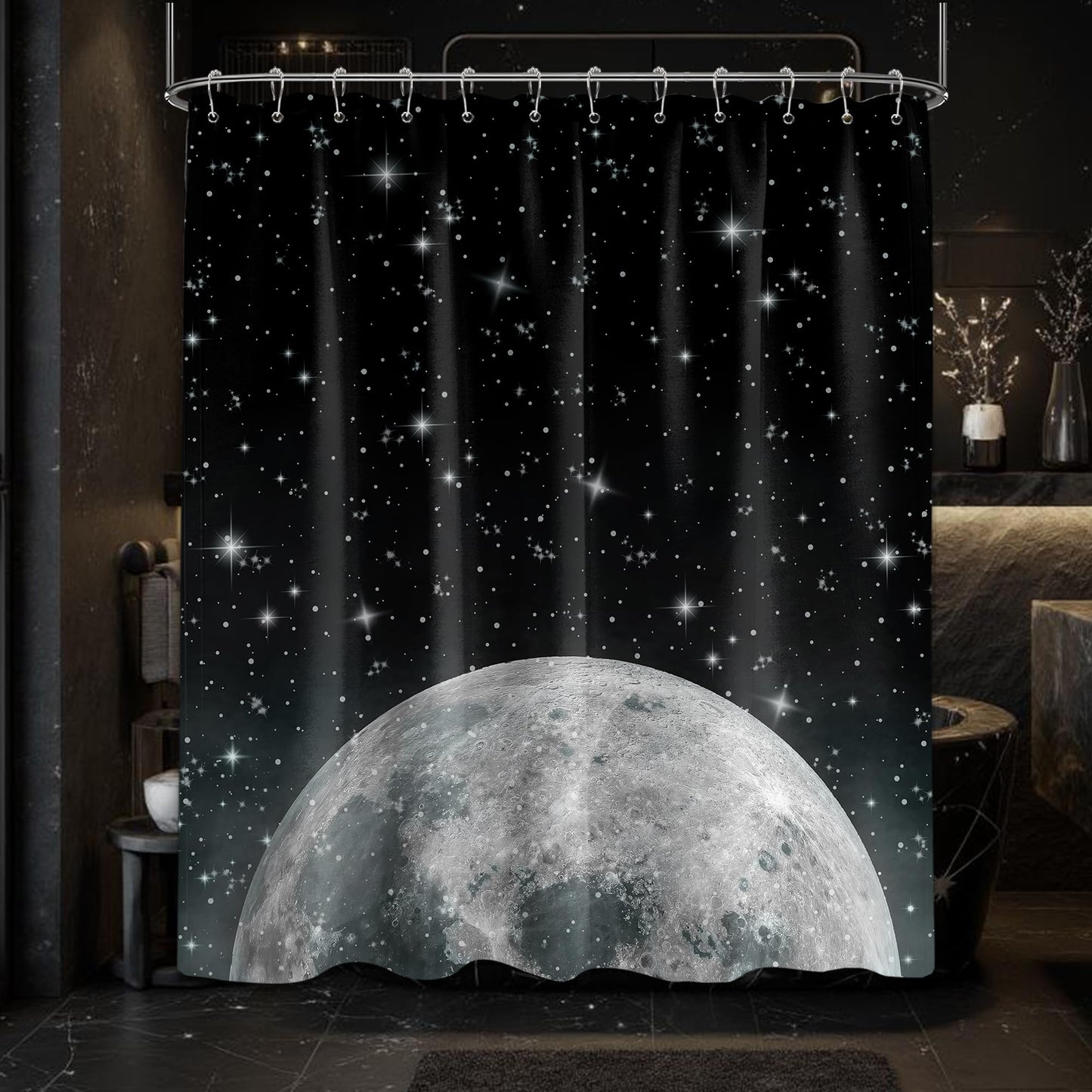 Tonmue Star Moon Shower Curtain Space Night Sky Galaxy Black and White Shower Curtains for Bathroom Decor, Waterproof Cloth Fabric with Hooks 70" W x 72" L