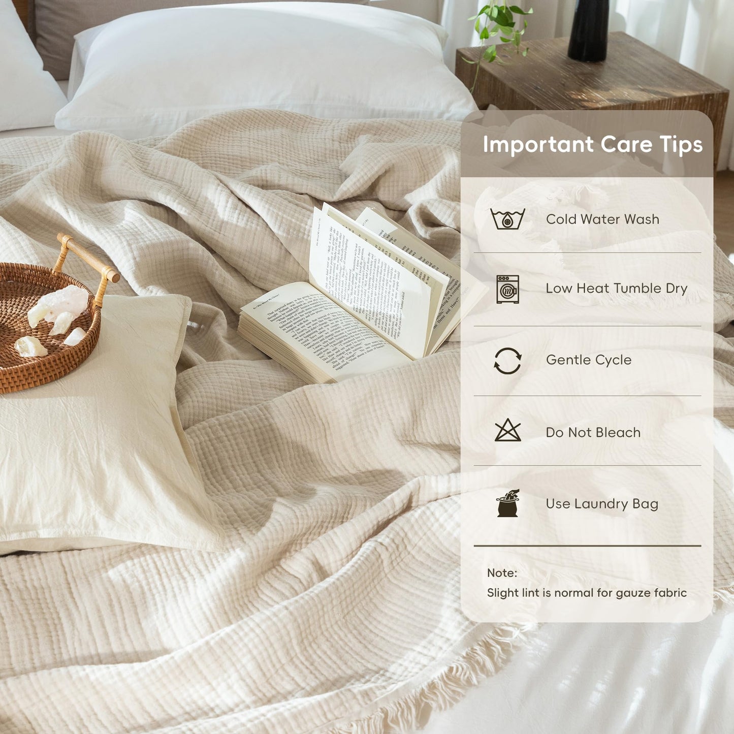 MooMee Muslin Blanket - 100% Cotton 4-Layer Gauze Throw Blanket with All-Around Fringe, Soft Breathable Lightweight Cooling Summer Blankets for Bed Couch (Beige,Queen 90" x 90")