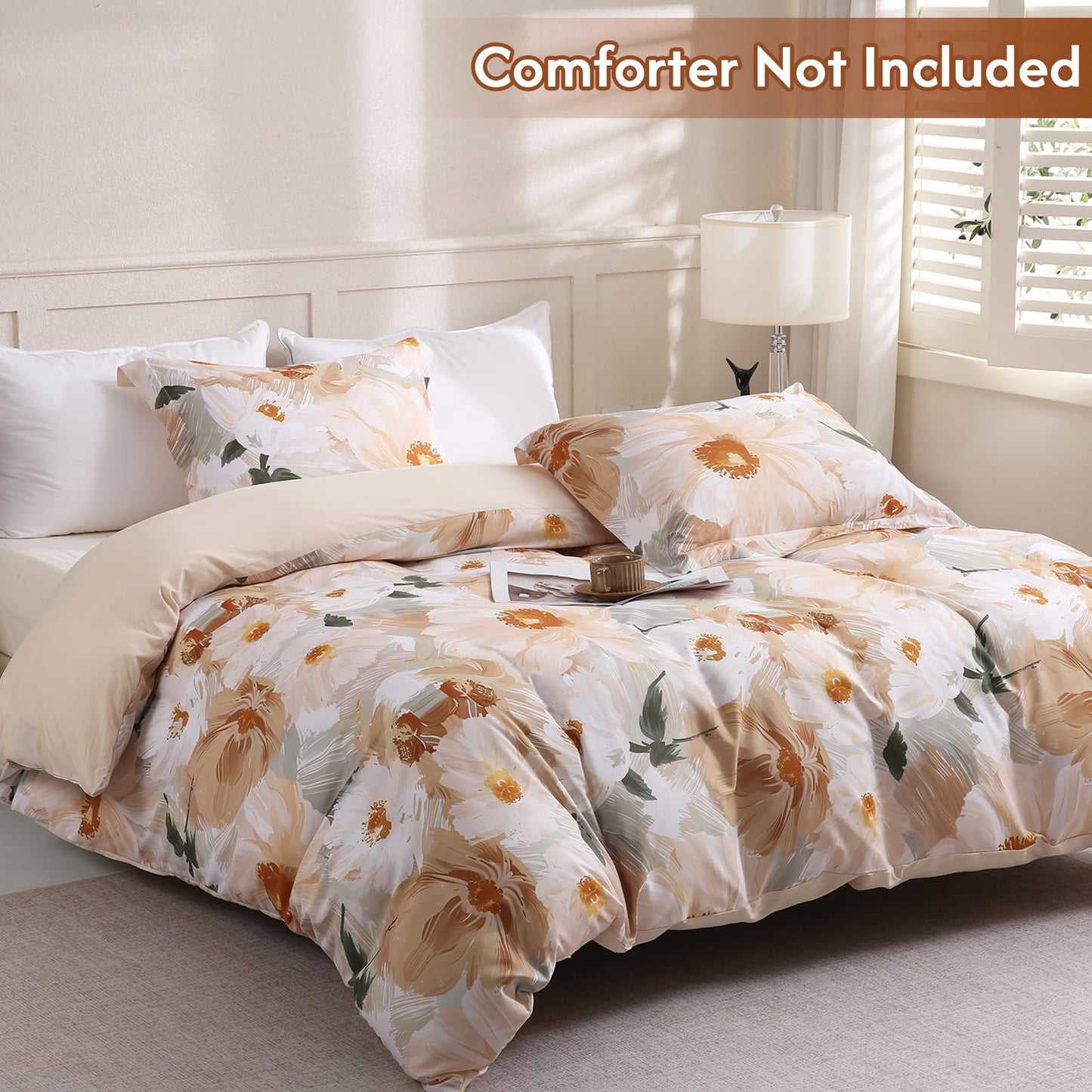 LONAVA Queen Flower 3 Pcs Duvet Cover Set, Breathable Soft Microfiber Biege Lining Comforter Cover with Zipper Closure, and 2 Anti-Pilling, Fade Resistant Pillowcases, Golden Flower