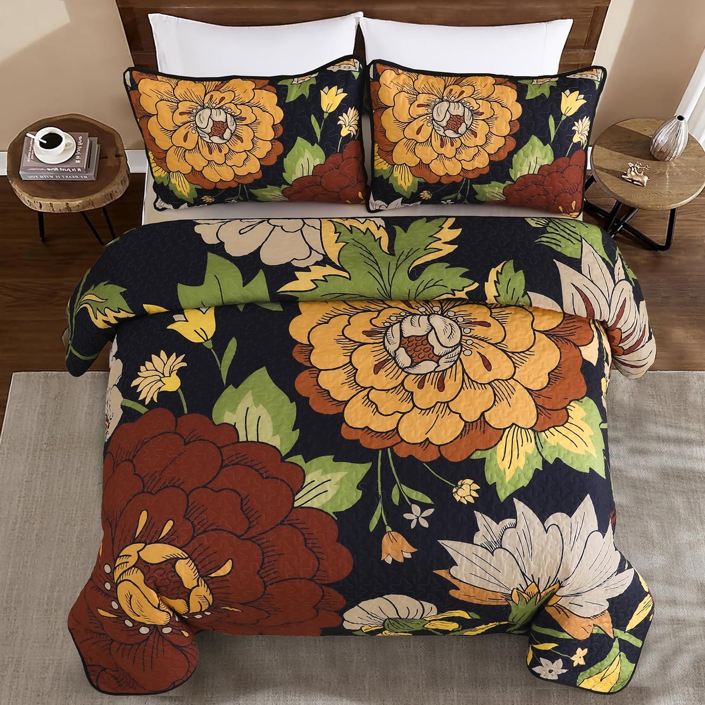 DJY Floral Quilt Set Queen Size Black Boho Bedspread Coverlet Set 3 Pieces, Botanical Quilt Lightweight Microfiber Farmhouse Floral Bohemian Bedding Set with 2 Pillow Shams for All Season (96''x90'')