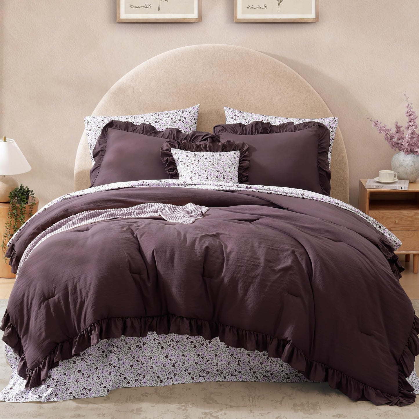 BLOOMHAVEN Queen Comforter Set - 7 Pieces Ruffle Purple Bedding Sets, Shabby Chic Farmhouse Bed in a Bag Queen with Ruffle Comforter, Floral Sheets, Pillowcases & Shams