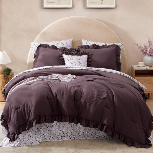 BLOOMHAVEN Queen Comforter Set - 7 Pieces Ruffle Purple Bedding Sets, Shabby Chic Farmhouse Bed in a Bag Queen with Ruffle Comforter, Floral Sheets, Pillowcases & Shams