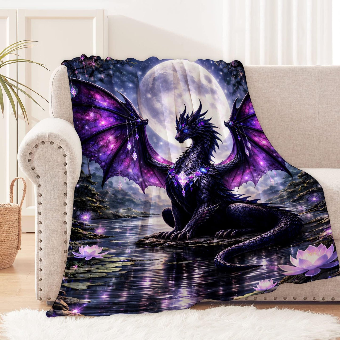 cromcu Moon Dragon Flannel Throw Blanket, 50x60in, Soft Warm Cozy Blankets with Majestic Creatures and Lotus Lake, Fantasy Gifts for Girls Dragon Lovers, Home Decor Dorm Office Travel Camping