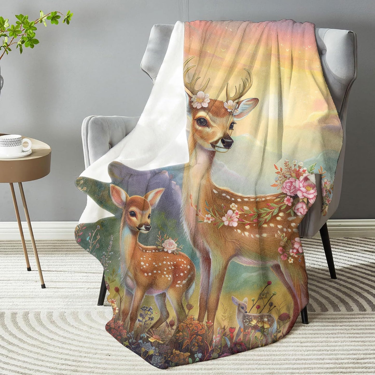 Deer Family Throw Blanket - Soft Plush, Lightweight, Warm, Fuzzy Anti-Pilling Flannel Blanket for Bedroom, Couch, Travel, Sofa - Comfy 50in×60in