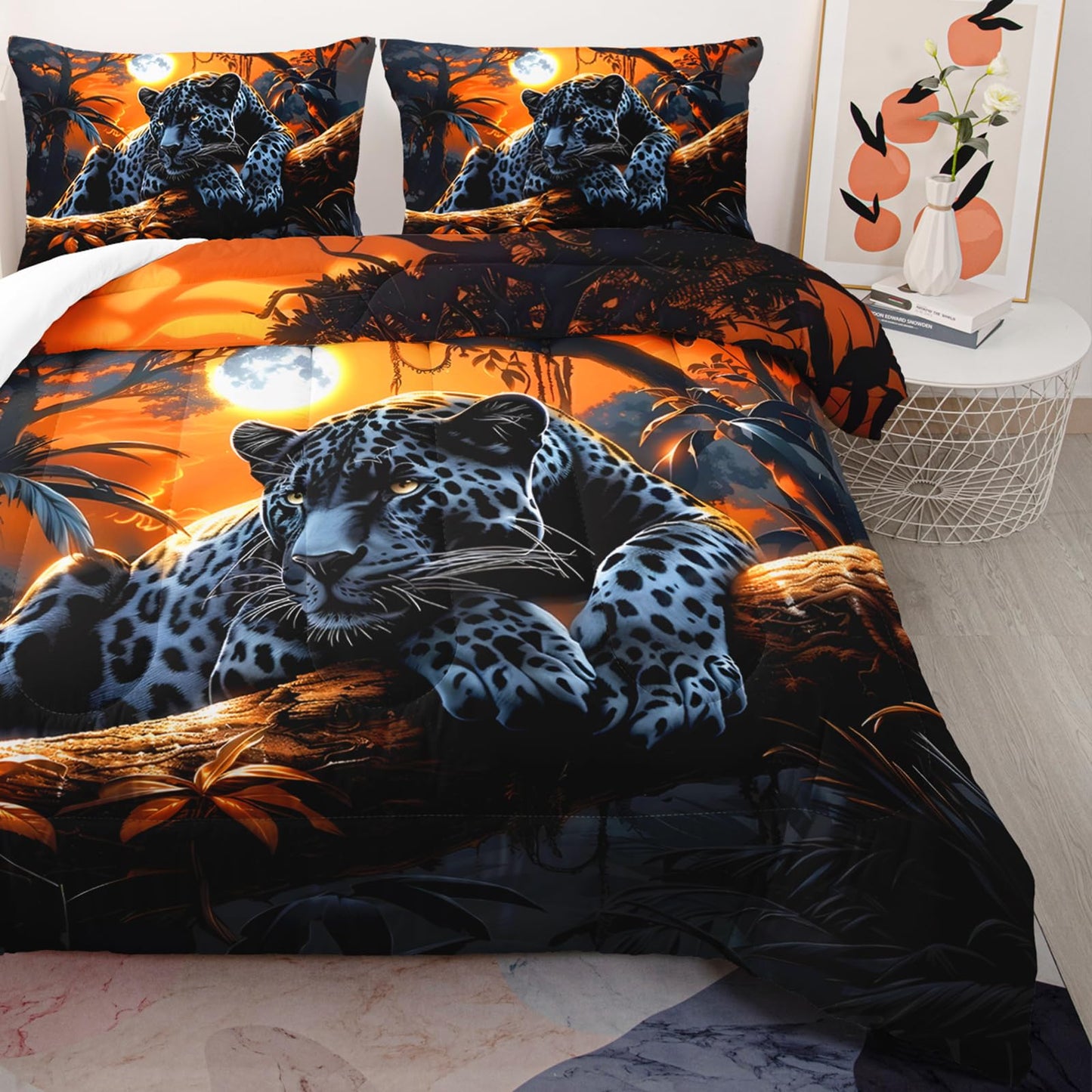 AILONEN Black Panthers Print Comforter Set Queen Size, Safari Leopard Theme Bedding Set for Room,Forest Animal Soft Mirofiber Comforter with 2 Pillowcases,3Pcs