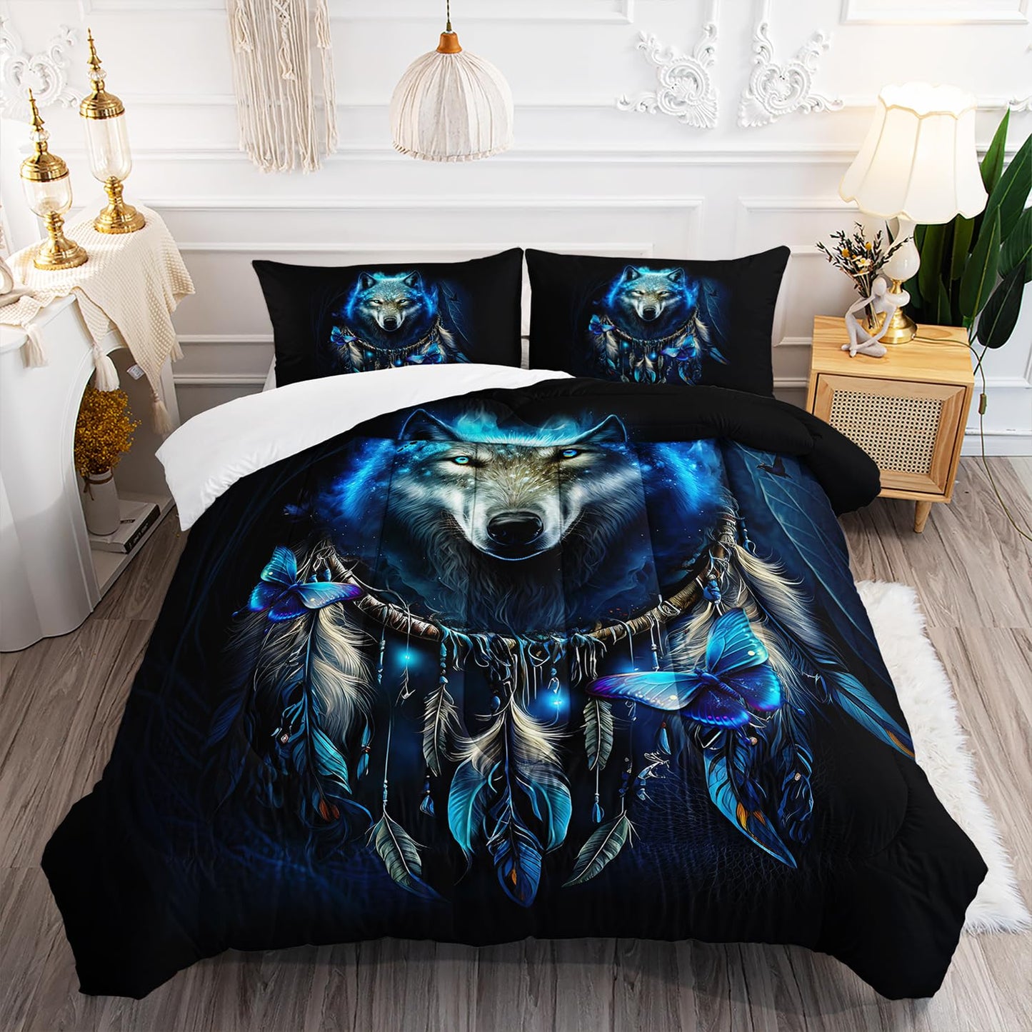 AILONEN Wolf Dream Catcher Comforter Set, Queen Size, Blue Wolf Head Printed Bedding Set, Butterfly Duvet Set for Boys & Girls Bedroom Decor, 3 Pieces, 1 Quilt and 2 Pillowcases