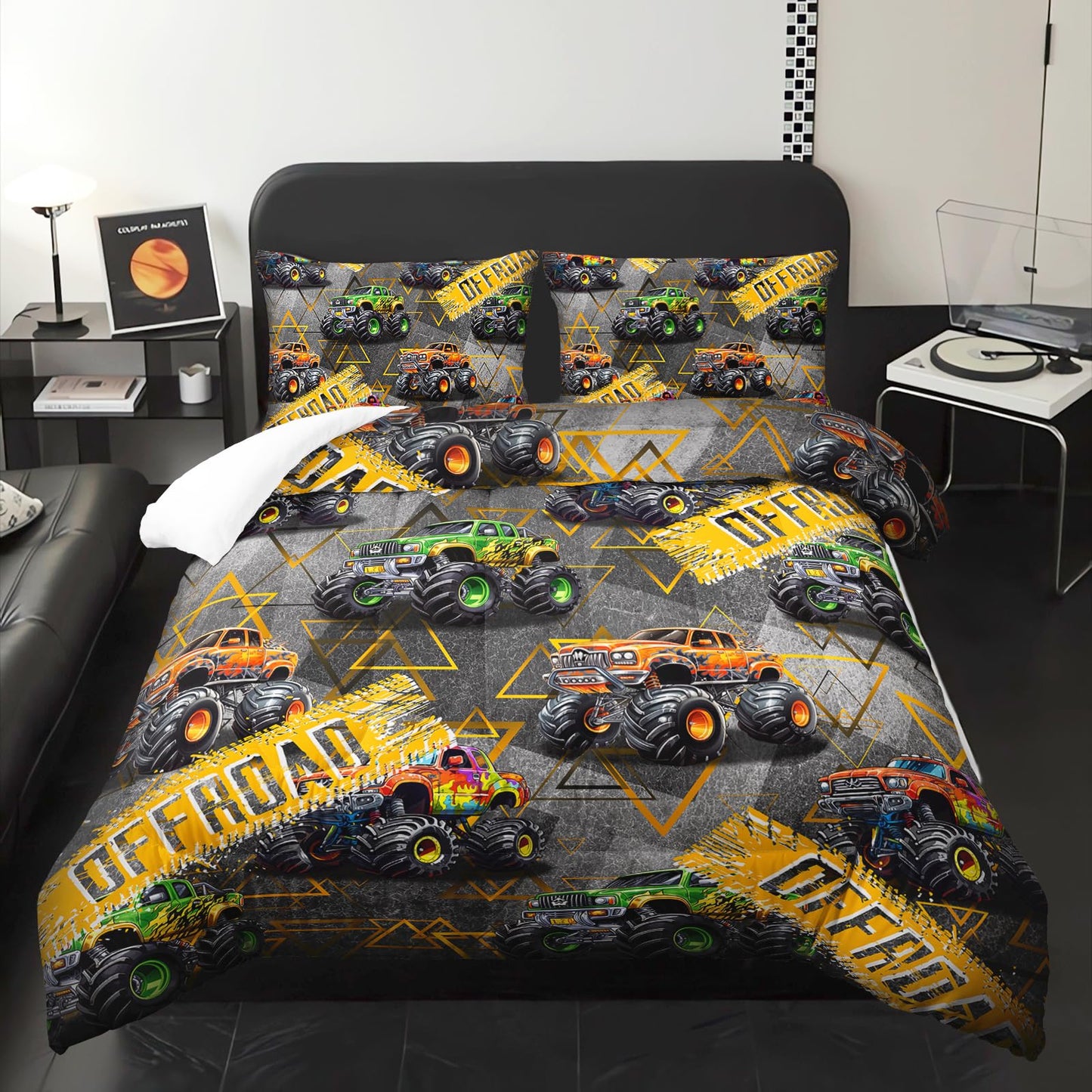 lneffble Full Size Monster Truck Comforter Sets for Boys，Monster Truck Full Size Bedding Sets Boys，with 1 Comforter with 2 Pillow Case，Kids Monster Truck Themed Bedroom Decor