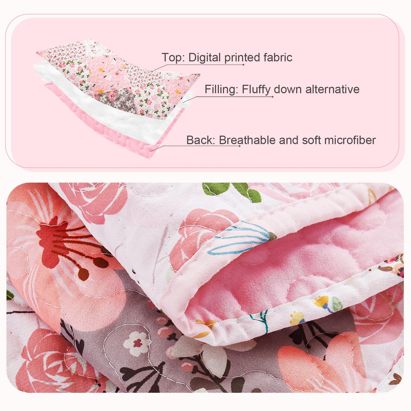 Whale Flotilla Patchwork Quilt King Size, Extra Soft Boho Floral Bedspreads for Bed Reversible Lightweight King Quilt Bedding Set Printed Coverlets with 2 Pillow Shams for All Seasons, Pink