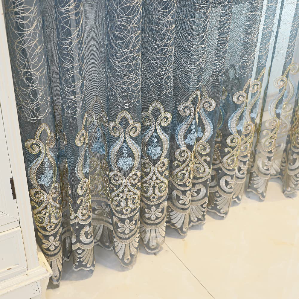Amidoudou 1 Pair European Jacquard Sheer Curtains Embroidered Tulle Curtains Living Room Bedroom Luxury Translucent Curtains (Blue Grey,51x96 Inch)
