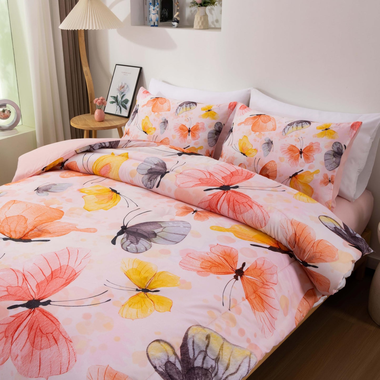 Btargot 3 Piece Butterfly Pattern Girls Comforter Set, Colorful Ink Stick Printing Bedding Set for Women, Orange Full