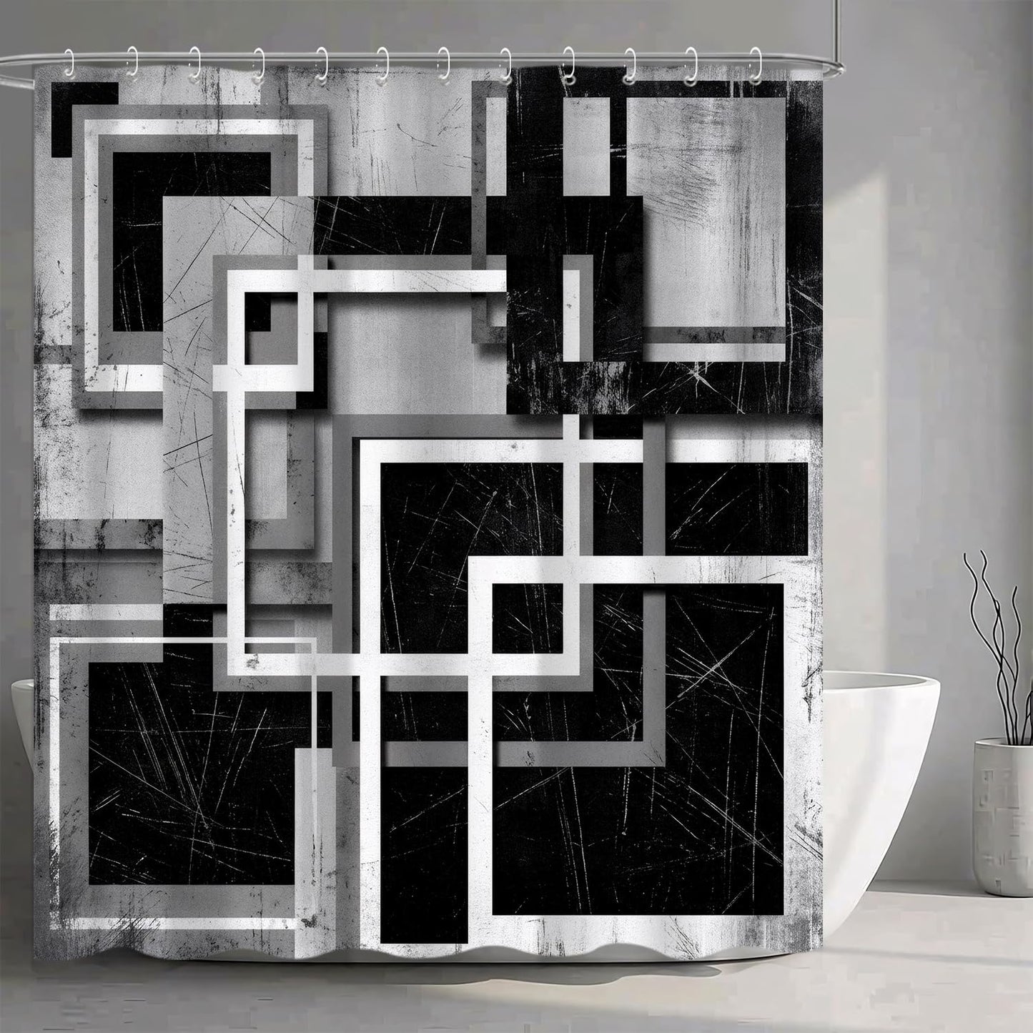 Bonriva Black White Grey Shower Curtain, Grunge Gray Abstract Geometric Square Modern Minimalist Shower Curtain for Bathroom, Mens Boys Bathroom Accessories Curtain, Fabric 72" x 72" with 12PCS Hooks