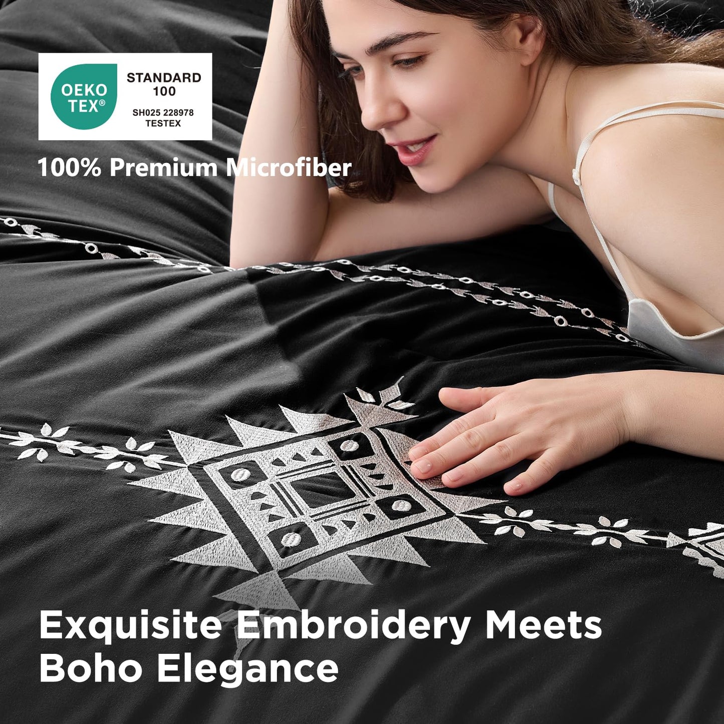 Baskbed Black Boho Embroidered Comforter Set Queen, 3 Piece Western Shabby Chic Bedding, Ultra Soft Fluffy Microfiber Comforter with 2 Pillowcases, All Season & Oeko-TEX Certified