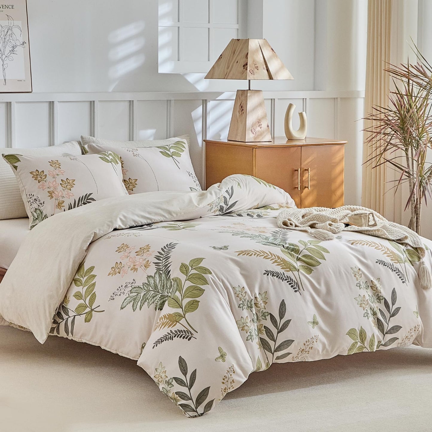 Lekesky King Size Reversible Duvet Cover, Duvet Cover King Size 3 Piece Green Leaf Microfiber Botanical Bedding Set with Zipper Closure 8 Corner Ties
