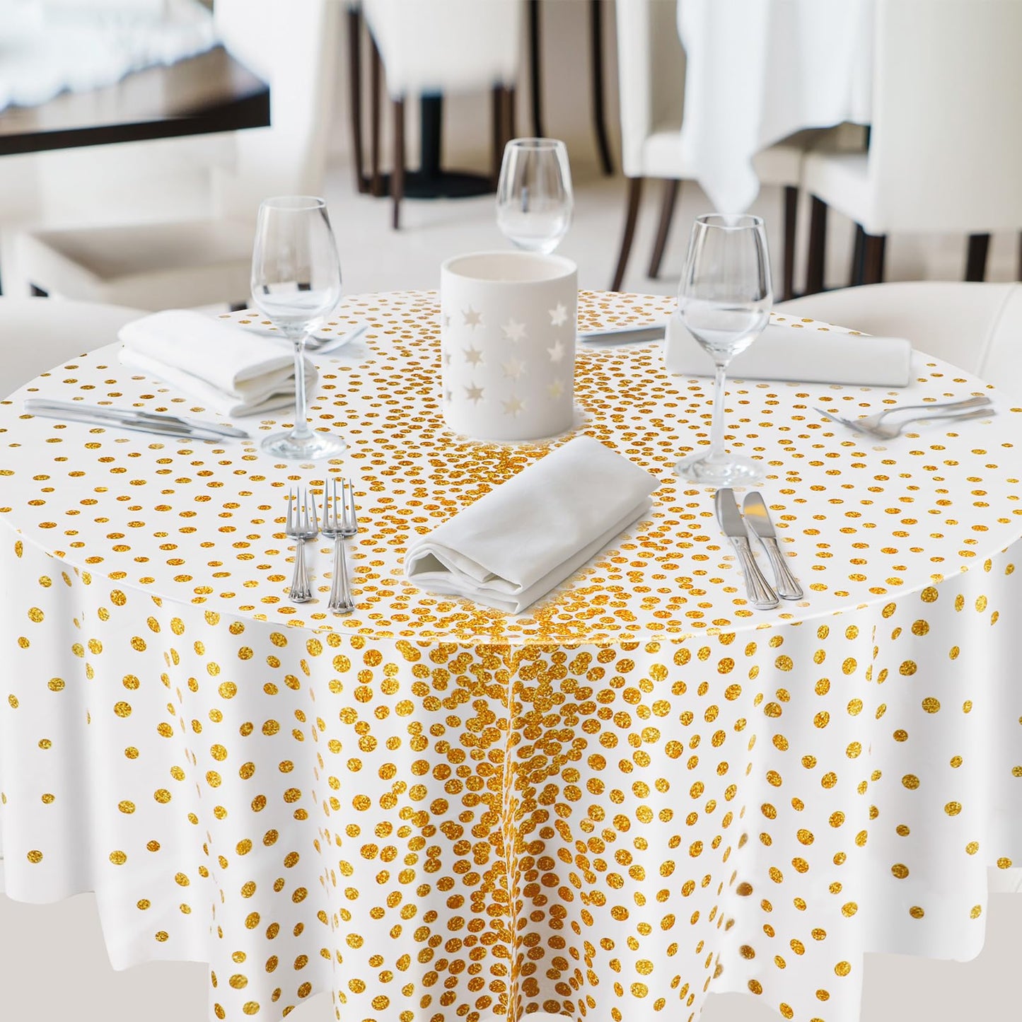 VitalCozy Round Dot Tablecloth 84 Inch Plastic Table Cover Polka Dot Confetti Tablecloths for Easter 2026 Graduation Prom Wedding Birthday Spring Party Supplies(White and Gold,3 Pcs)