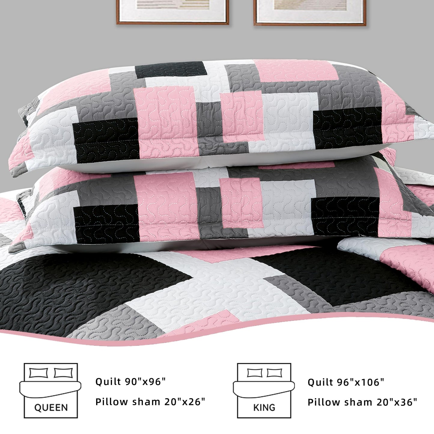 Tyrot 3 Piece Pink Grey Quilt Set Full/Queen Size Pink Gray White Geometric Reversible Bedding Set Microfiber Lightweight Bedspread Coverlet with 2 Shams Modern Bed Cover for All Season, 90''x96''