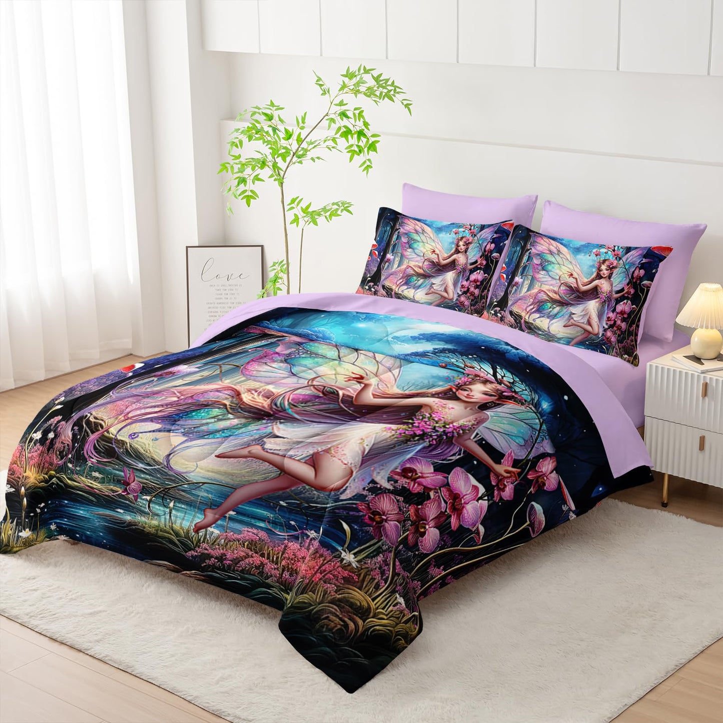 AILONEN Beautiful Butterfly Fairy Comforter Set, Twin Size 7-Piece,Magic Mushroom Bedding Set for Kids,Mysterious Fairy Forest Comforter & Fitted Sheet & Flat Sheet,2 Pillowcases,2 Pillow Shams
