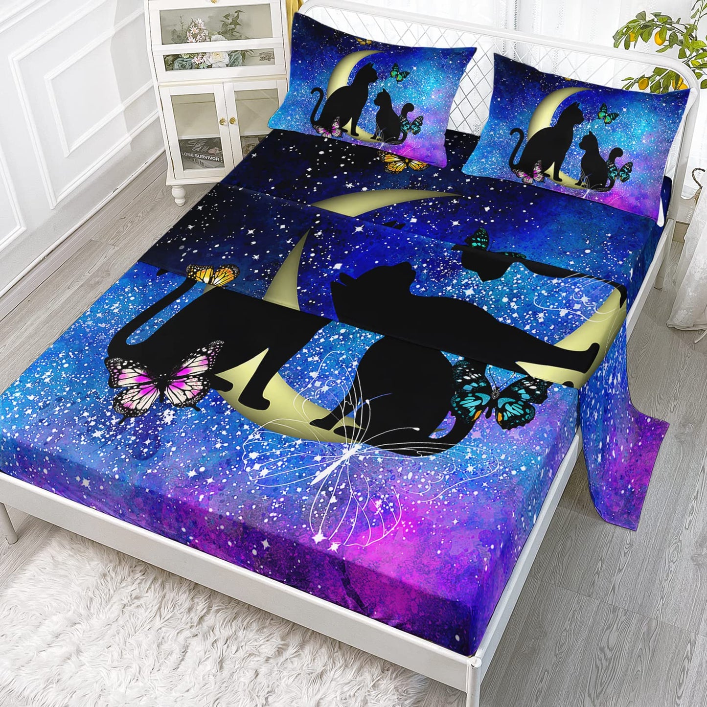 Axolotl Black Cat Bedding Twin Sheet Set - Butterflies Moon Printed for Kids, Boys, Girls, Adults, Teens - 1 Fitted Sheet, 1 Flat Sheet, 2 Pillowcases - Blue