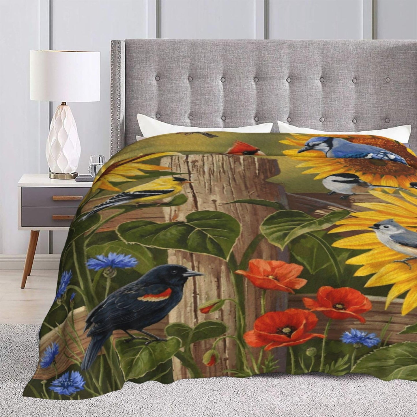 Gbuzozie Rustic Flowers and Birds Fleece Blanket Lightweight Ultra-Soft Cardinal and Sunflowers Throw Blanket for Sofa Couch Bed Camping Travel - Super Soft Cozy Microfiber Blanket 50"X40"
